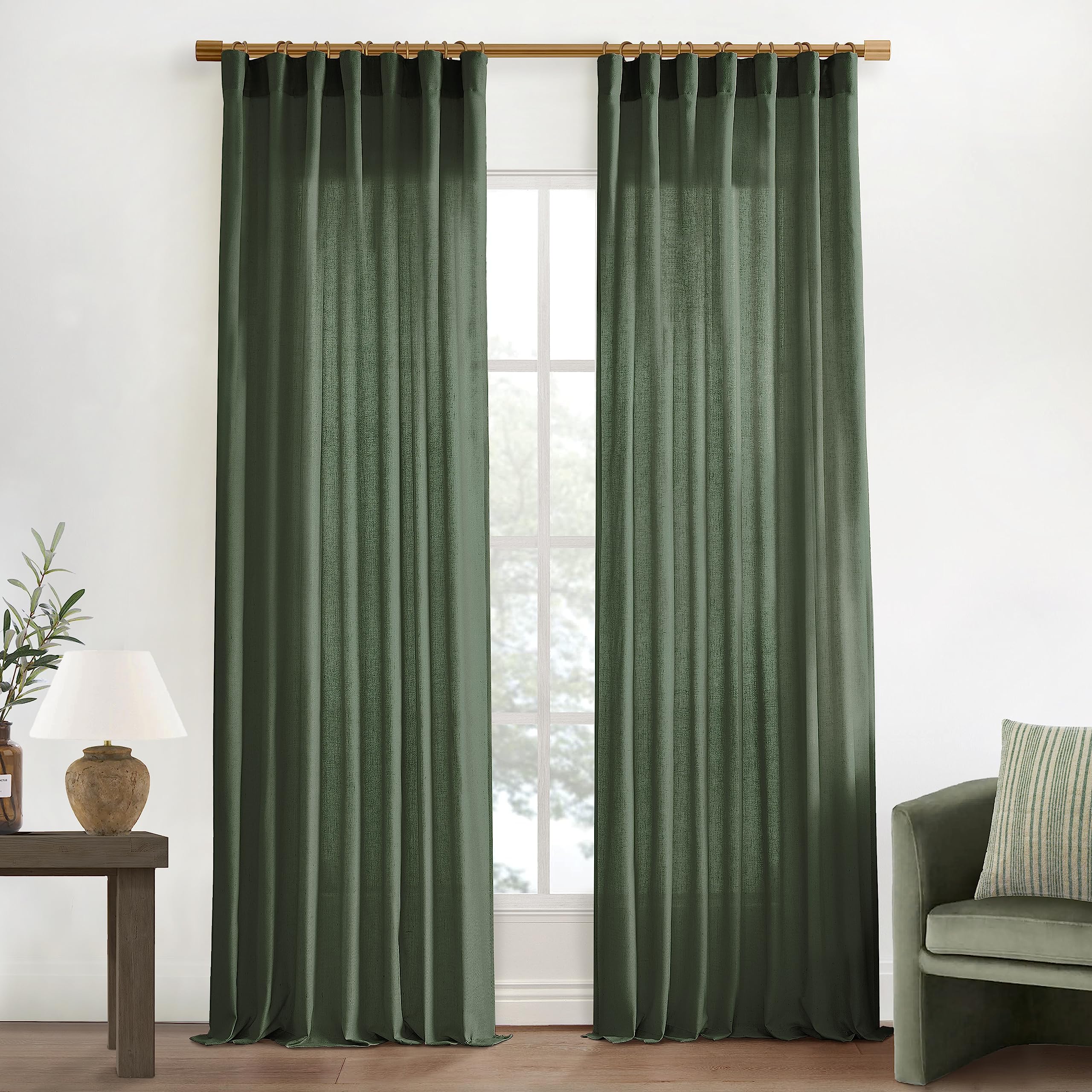 XTMYI 90 Inches Long Sheer Linen Curtains 2 Panels Set,Hook Tape Back Tab Semi Sheer Cotton Blend Fabric Modern Cottage Core Cottagecore Curtain Drapes for Living Room Bedroom,50x90 in Length