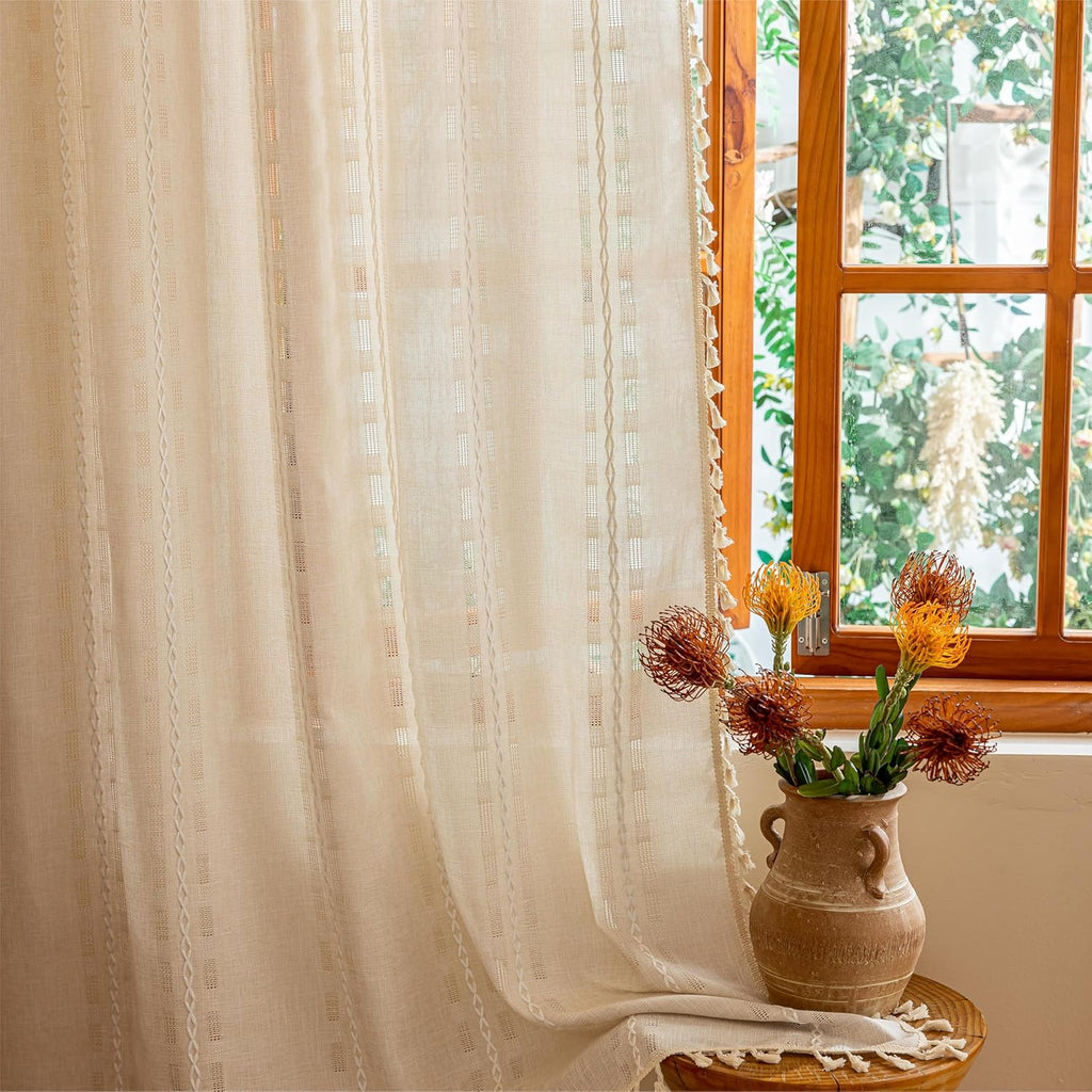 Natural Boho Semi Sheer Curtains 63 inch Length 2 Panel Set for Bedroom & Farmhouse, Bohemian Beige Light Filtering Privacy Drapes Tassels Shabby Chic Embroidery Window Curtains Back Tab & Rod pocket