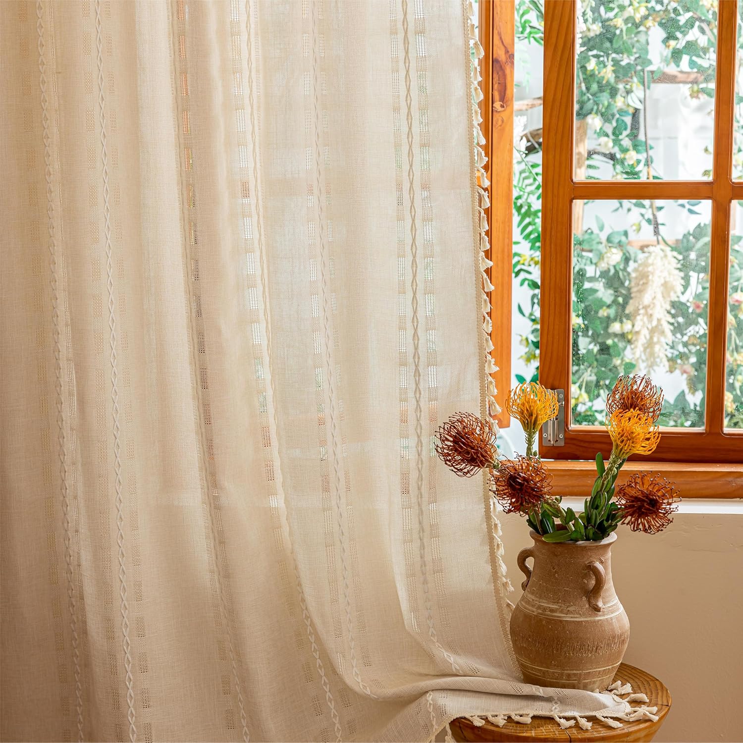 Natural Boho Semi Sheer Curtains 63 inch Length 2 Panel Set for Bedroom & Farmhouse, Bohemian Beige Light Filtering Privacy Drapes Tassels Shabby Chic Embroidery Window Curtains Back Tab & Rod pocket