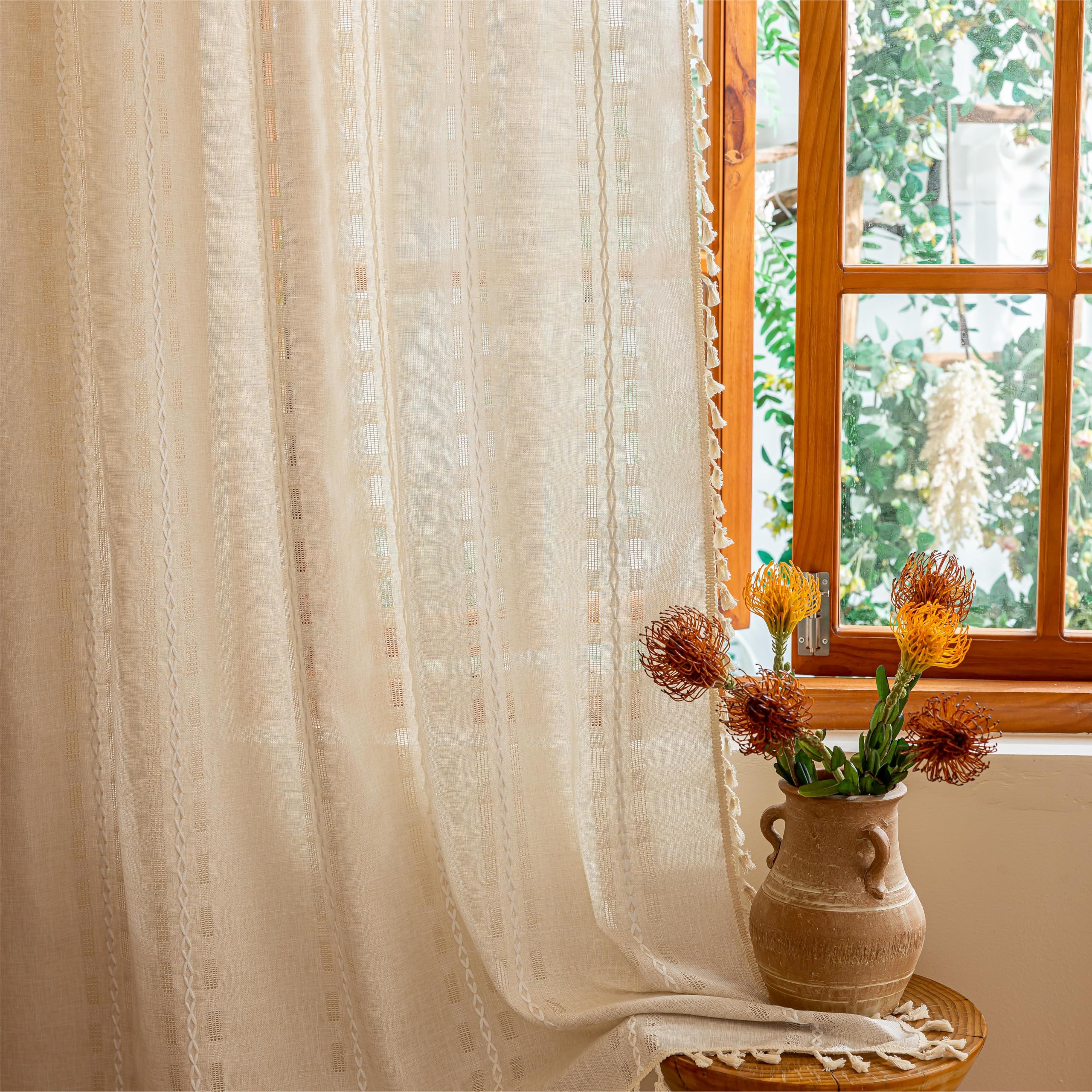 Natural Boho Semi Sheer Curtains 63 inch Length 2 Panel Set for Bedroom & Farmhouse, Bohemian Beige Light Filtering Privacy Drapes Tassels Shabby Chic Embroidery Window Curtains Back Tab & Rod pocket