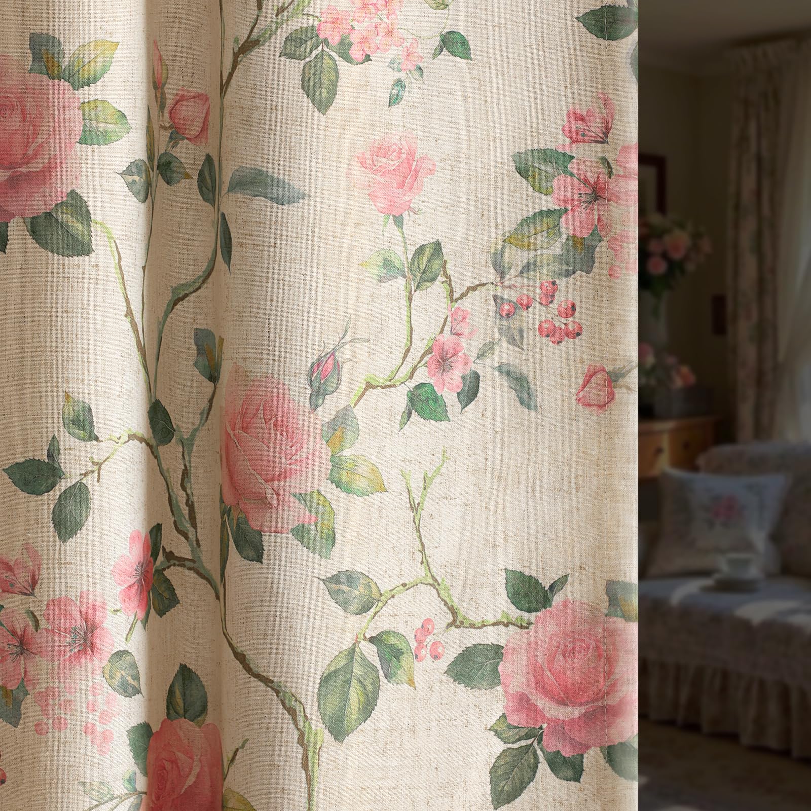 Boho Floral Spring Semi Sheer Curtains 84 Inch Length 2 Panels Set, Linen Texture Farmhouse Light Filtering Curtains Beige Tassel for Bedroom Living Room Vintage Rustic Patterned Printed Rod Pocket