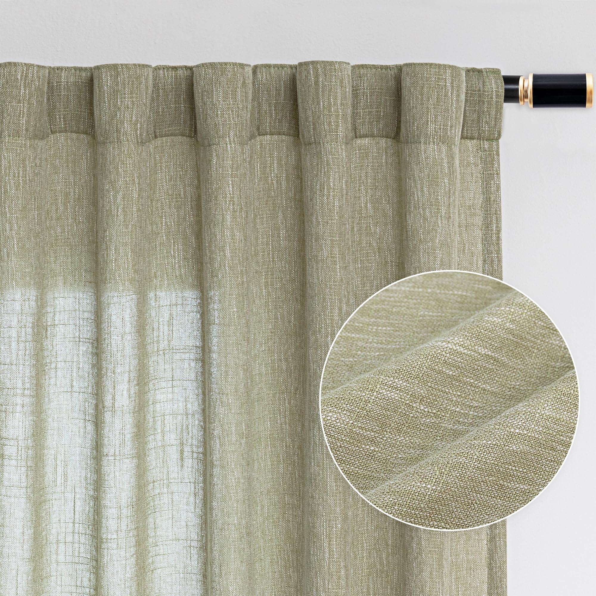 MYSKY HOME Country Curtains for Sliding Glass Door, Back Tab Semi Sheer Curtain Panels Extra Long Floor Length Drapes Linen Texture Soft Touch, 50x108 Inch, Linen, Set of 2