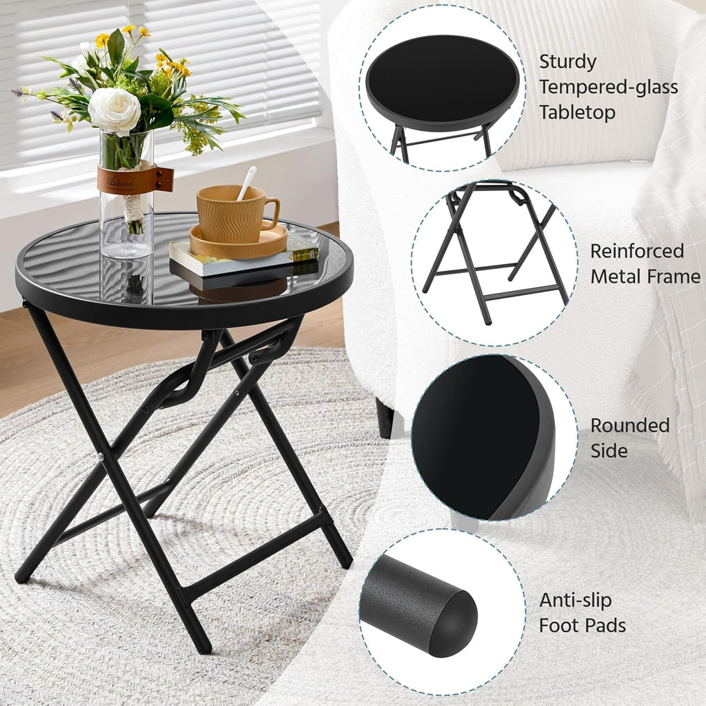 Yaheetech Outdoor Folding Side Table, Round Patio Folding End Table with Silk Tempered Glass Tabletop, Portable Small Garden Bistro Table for Garden Balcony Porch Deck, Black