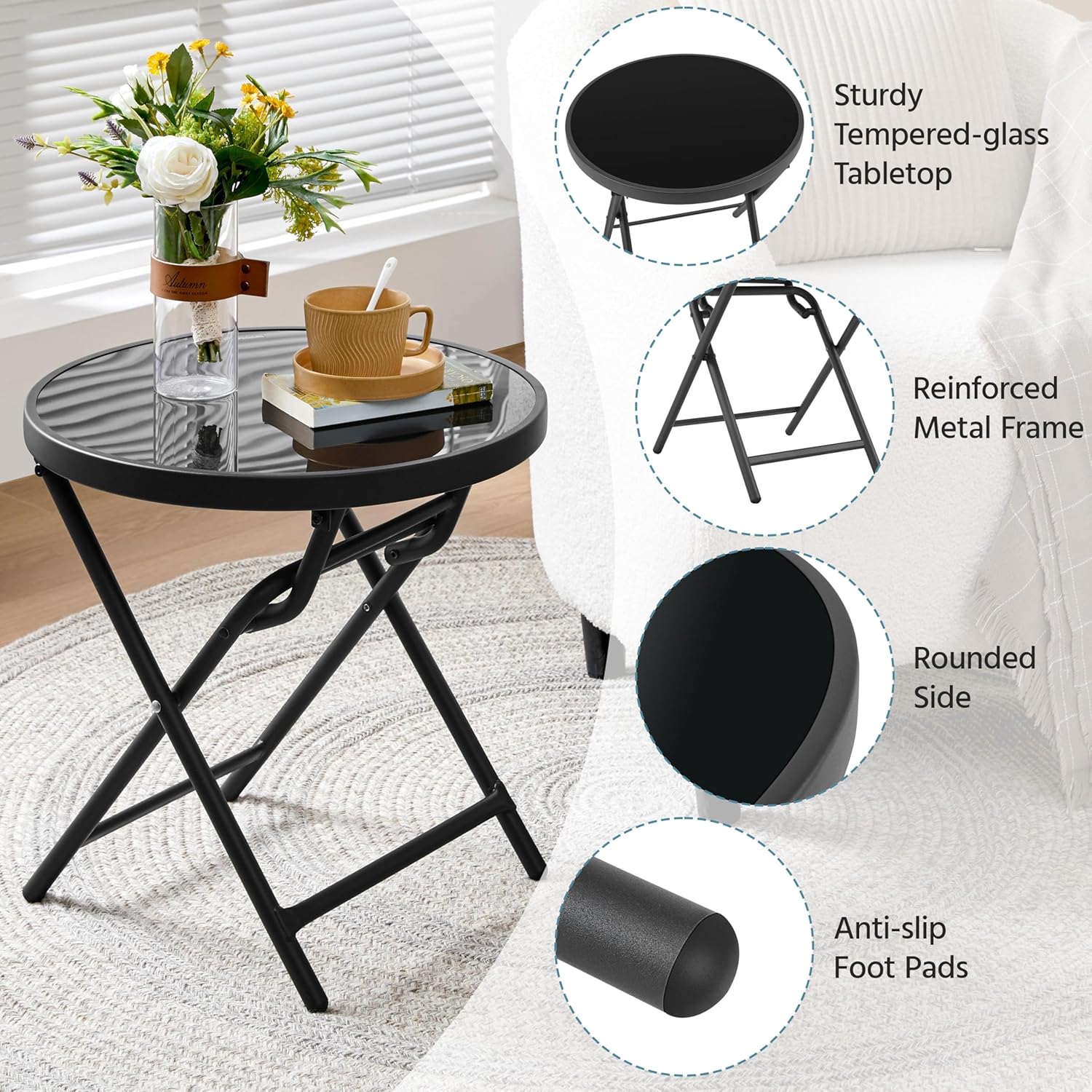Yaheetech Outdoor Folding Side Table, Round Patio Folding End Table with Silk Tempered Glass Tabletop, Portable Small Garden Bistro Table for Garden Balcony Porch Deck, Black