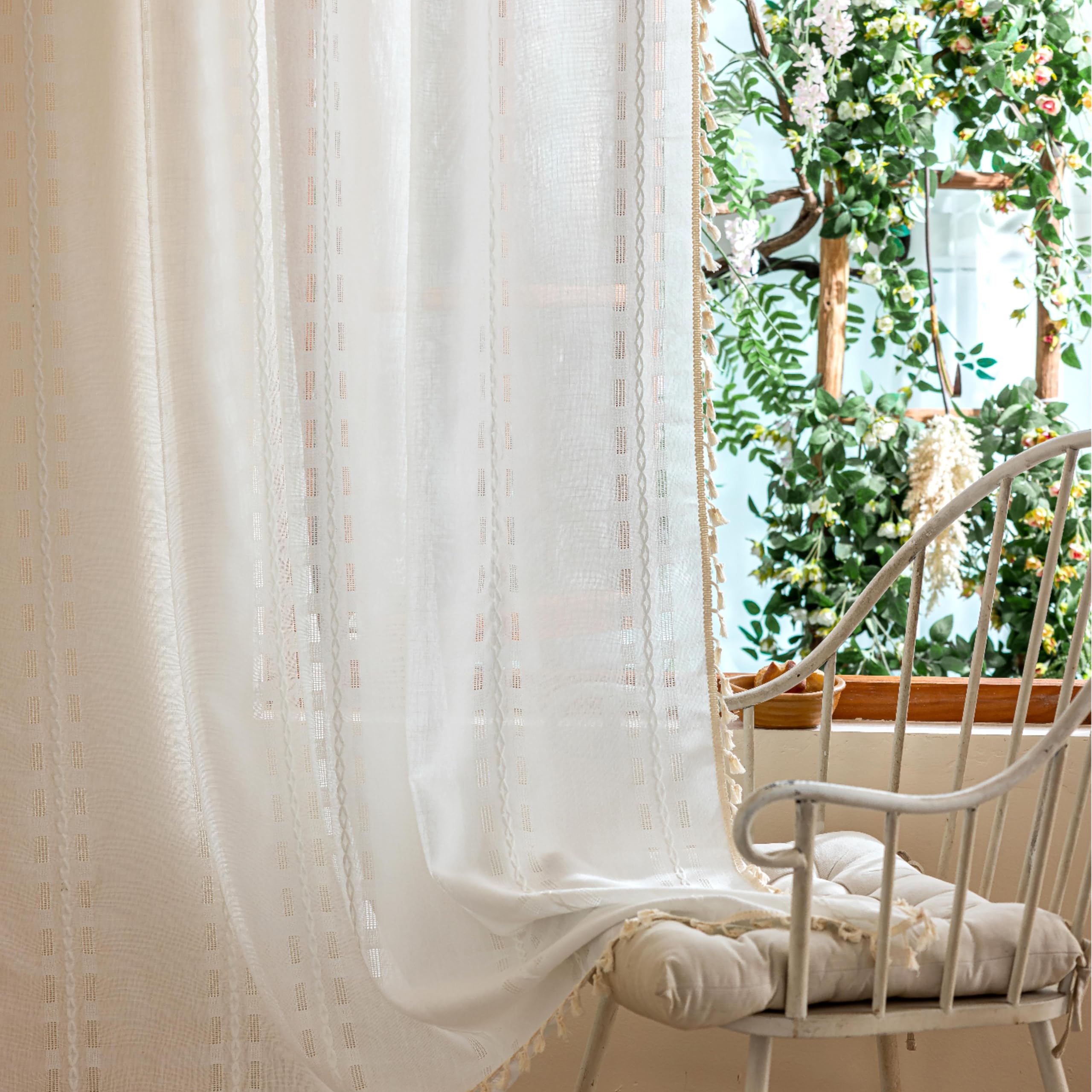 Natural Boho Semi Sheer Curtains 63 inch Length 2 Panel Set for Bedroom & Farmhouse, Bohemian Beige Light Filtering Privacy Drapes Tassels Shabby Chic Embroidery Window Curtains Back Tab & Rod pocket