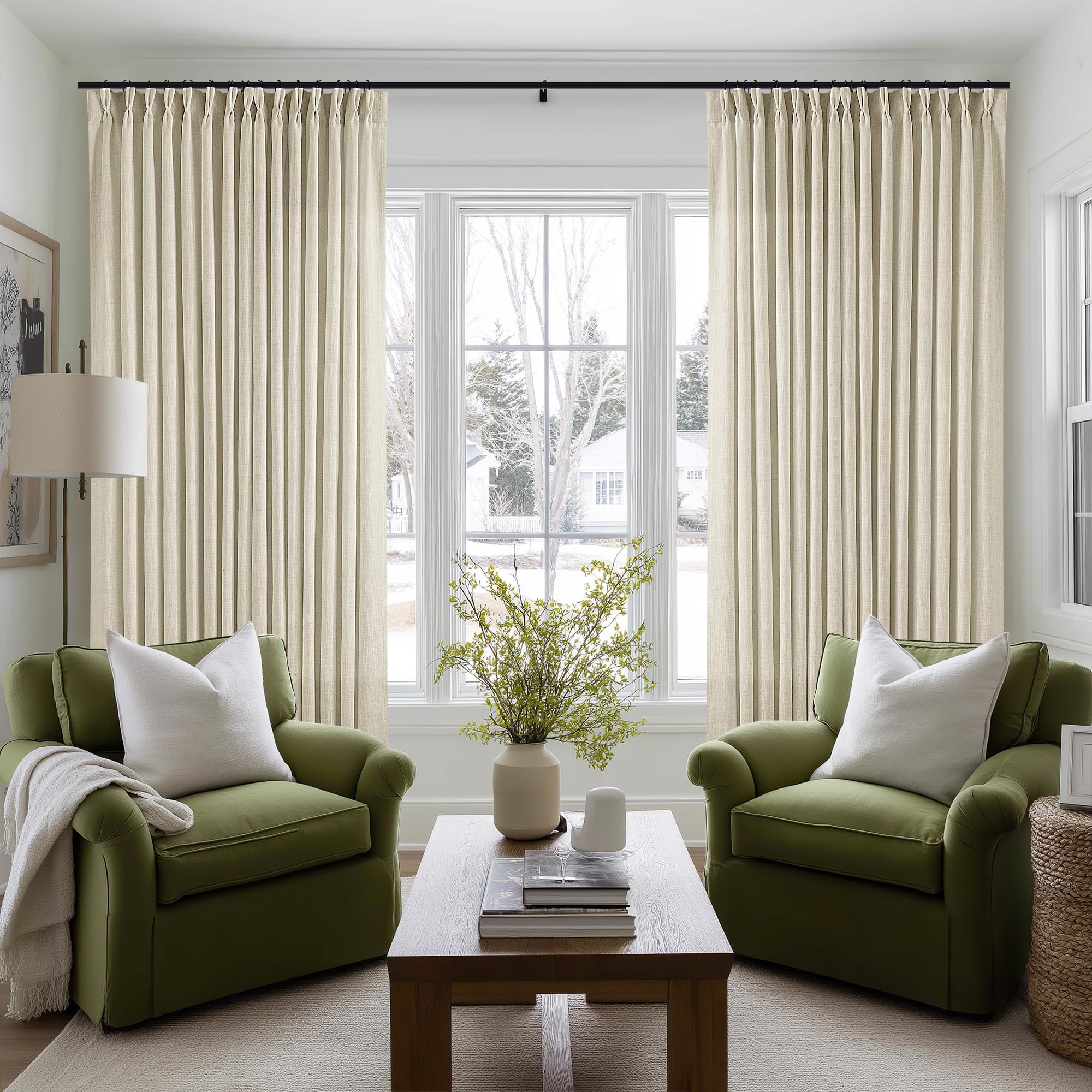 Natural Pinch Pleated Linen Curtains 84 Inch Length 2 Panels for Living Room Bedroom Textured Cream Ivory Birch Semi Sheer Boho Neutral Back Tab Pinch Pleat Hooks Rings Window Curtain 84 Inches Long