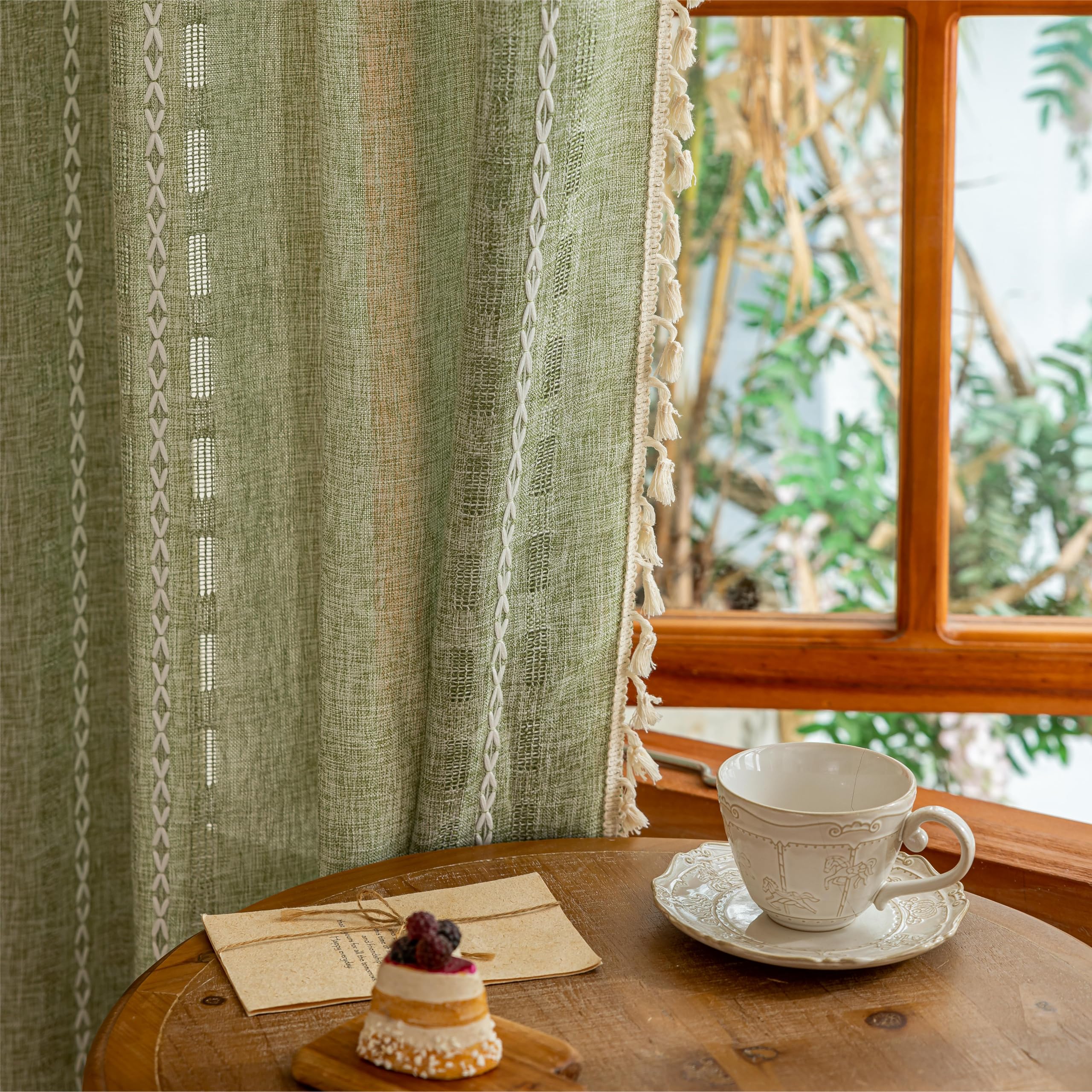 Natural Boho Semi Sheer Curtains 63 inch Length 2 Panel Set for Bedroom & Farmhouse, Bohemian Beige Light Filtering Privacy Drapes Tassels Shabby Chic Embroidery Window Curtains Back Tab & Rod pocket