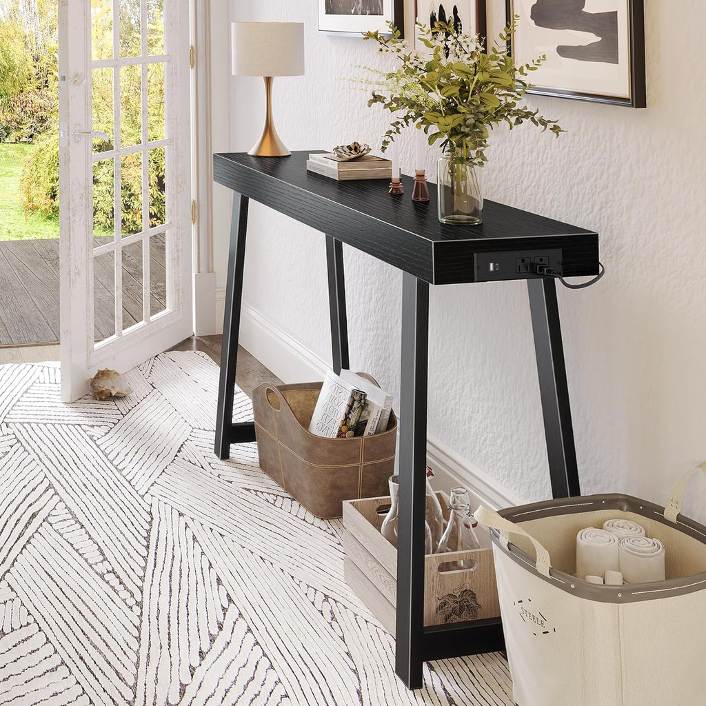 47.2" Black Modern Console Table with Charging Station & Metal Legs