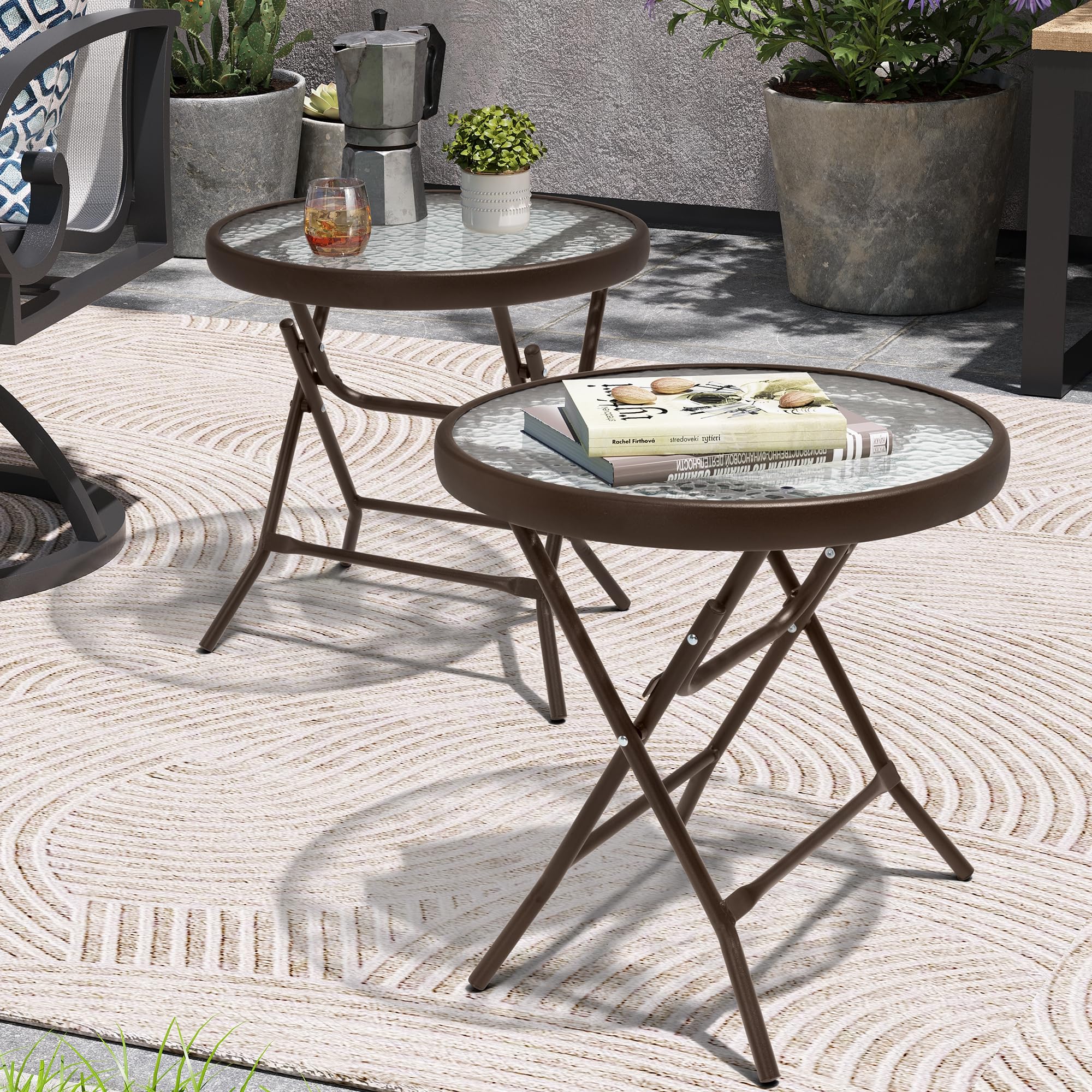 18" Black Tempered Glass Folding Side Table for Outdoor Spaces