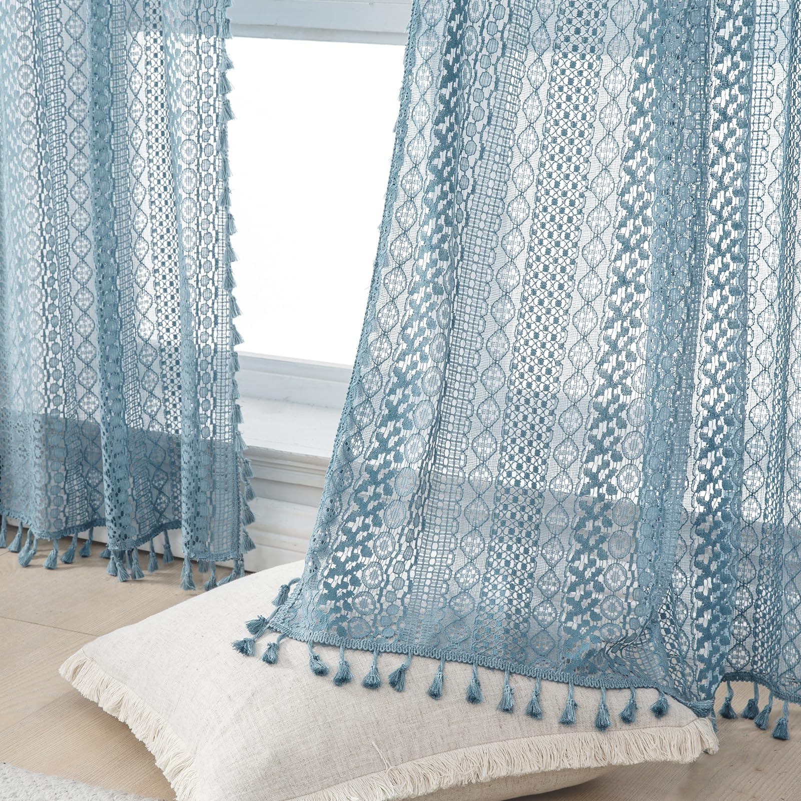 WAZZIO Boho Lace Curtains 108 Inch 2 Panel,Light Filtering Privacy Tassel & Geometry Crochet Semi Sheer Curtain Drapes for Bedroom Living Dining Room,Rod Pocket & Tassel,Vintage Farmhouse Decor,Beige