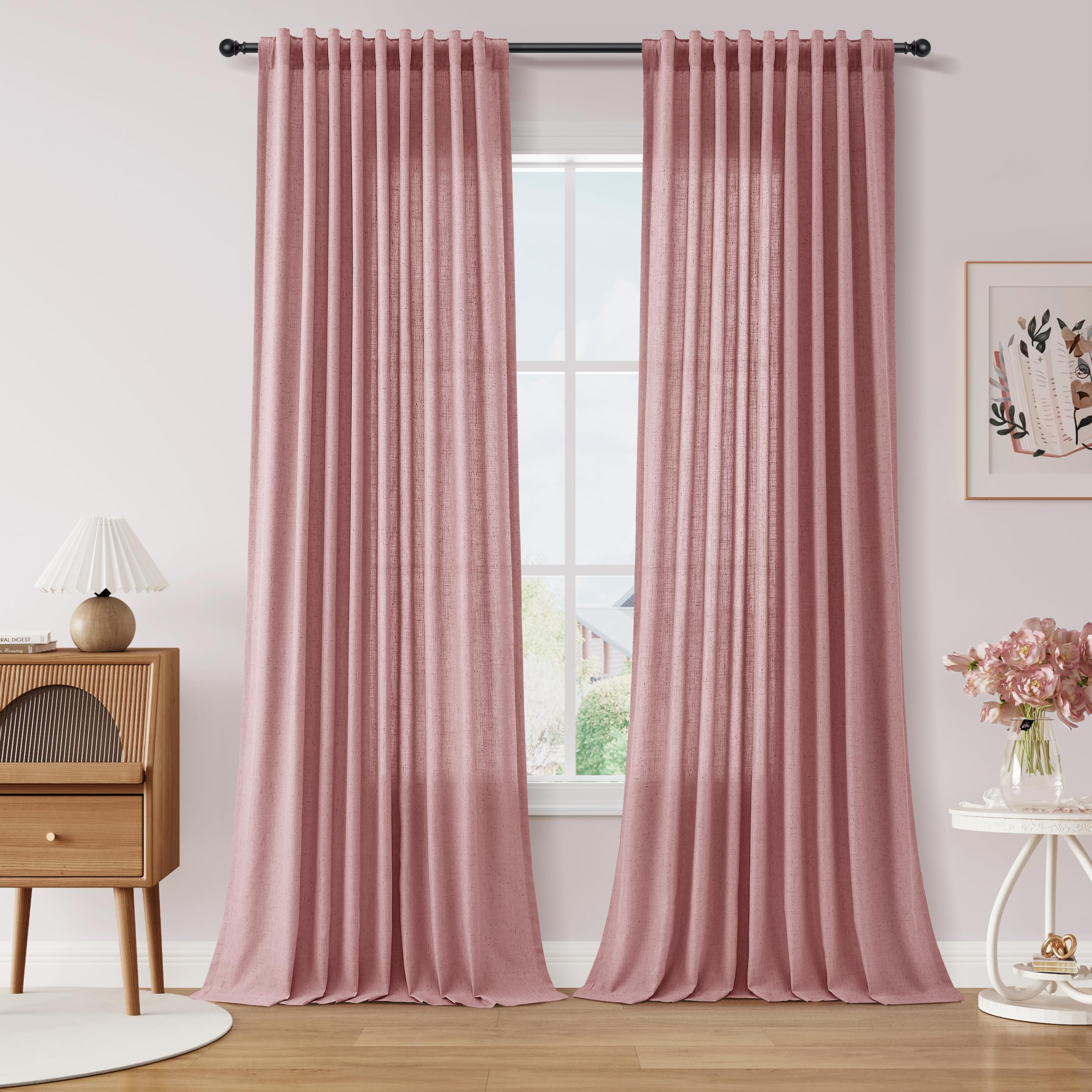 Nanspring Linen Curtains 80 Inches Long for Living Room Semi Sheer Light Filtering Curtain Back Tab Neutral Boho Modern Farmhouse Window Drapes for Bedroom 52x80 2 Panels Cream Ivory Beige Natural