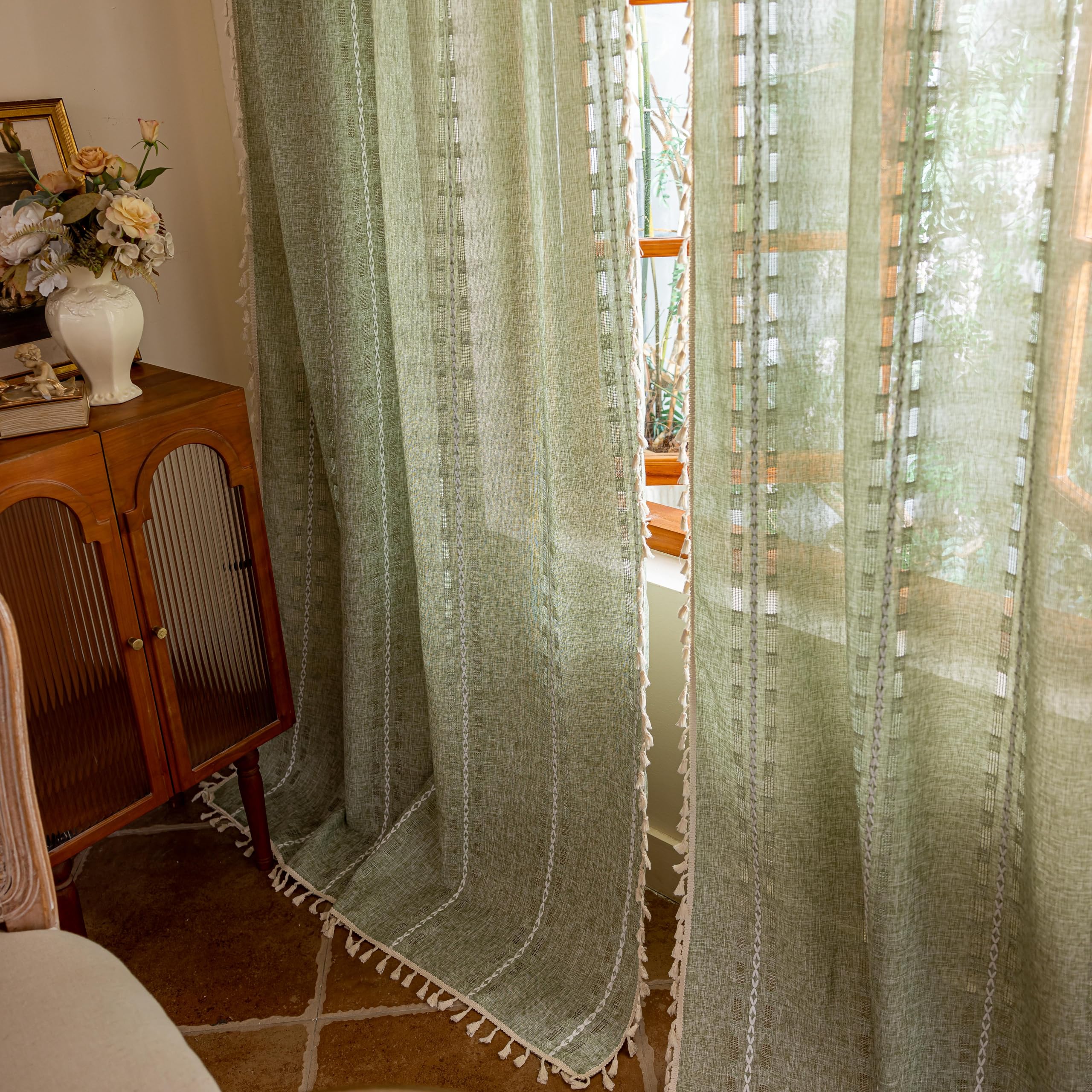 Natural Boho Semi Sheer Curtains 63 inch Length 2 Panel Set for Bedroom & Farmhouse, Bohemian Beige Light Filtering Privacy Drapes Tassels Shabby Chic Embroidery Window Curtains Back Tab & Rod pocket