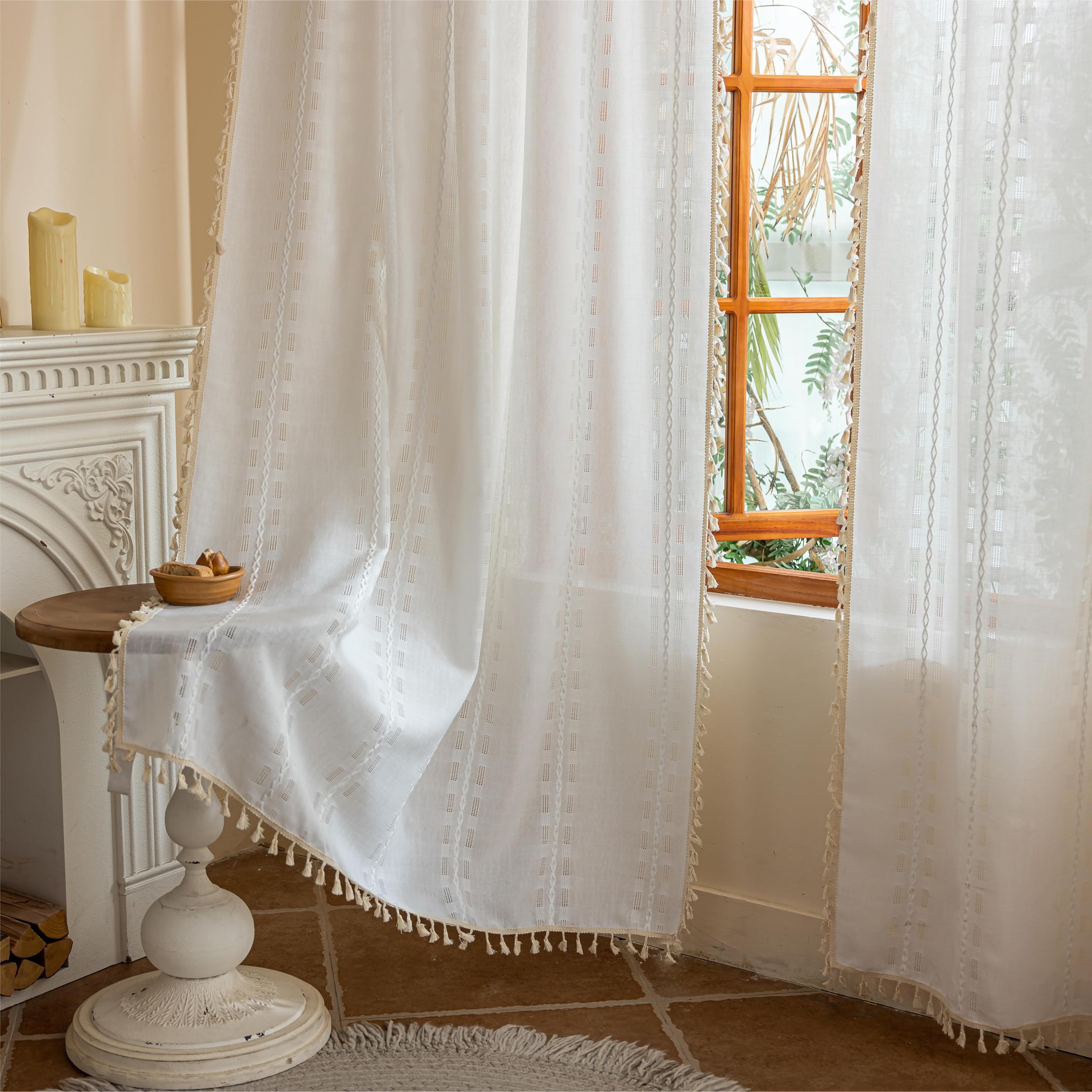 Natural Boho Semi Sheer Curtains 63 inch Length 2 Panel Set for Bedroom & Farmhouse, Bohemian Beige Light Filtering Privacy Drapes Tassels Shabby Chic Embroidery Window Curtains Back Tab & Rod pocket