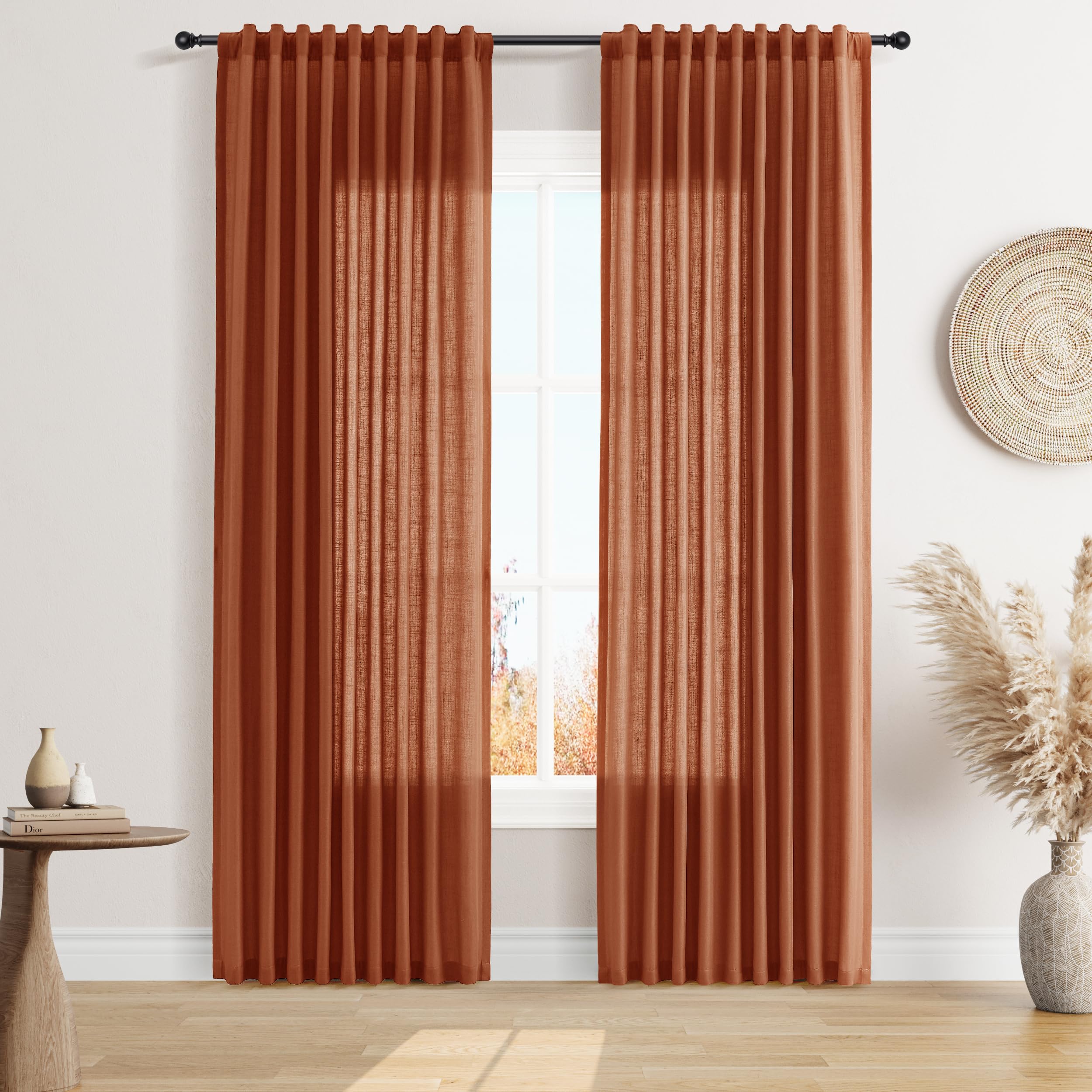 Nanspring Linen Curtains 80 Inches Long for Living Room Semi Sheer Light Filtering Curtain Back Tab Neutral Boho Modern Farmhouse Window Drapes for Bedroom 52x80 2 Panels Cream Ivory Beige Natural