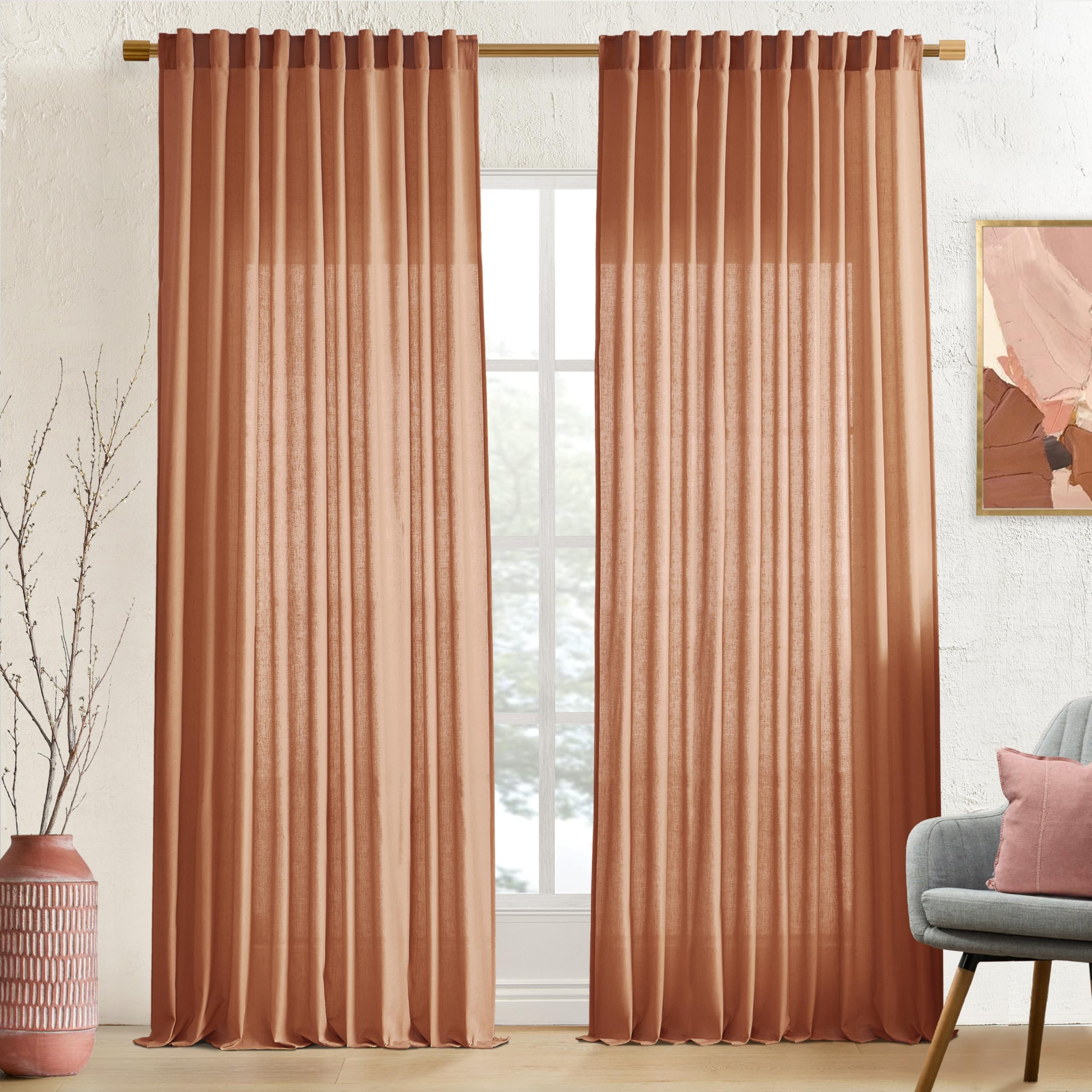 XTMYI 90 Inches Long Sheer Linen Curtains 2 Panels Set,Hook Tape Back Tab Semi Sheer Cotton Blend Fabric Modern Cottage Core Cottagecore Curtain Drapes for Living Room Bedroom,50x90 in Length