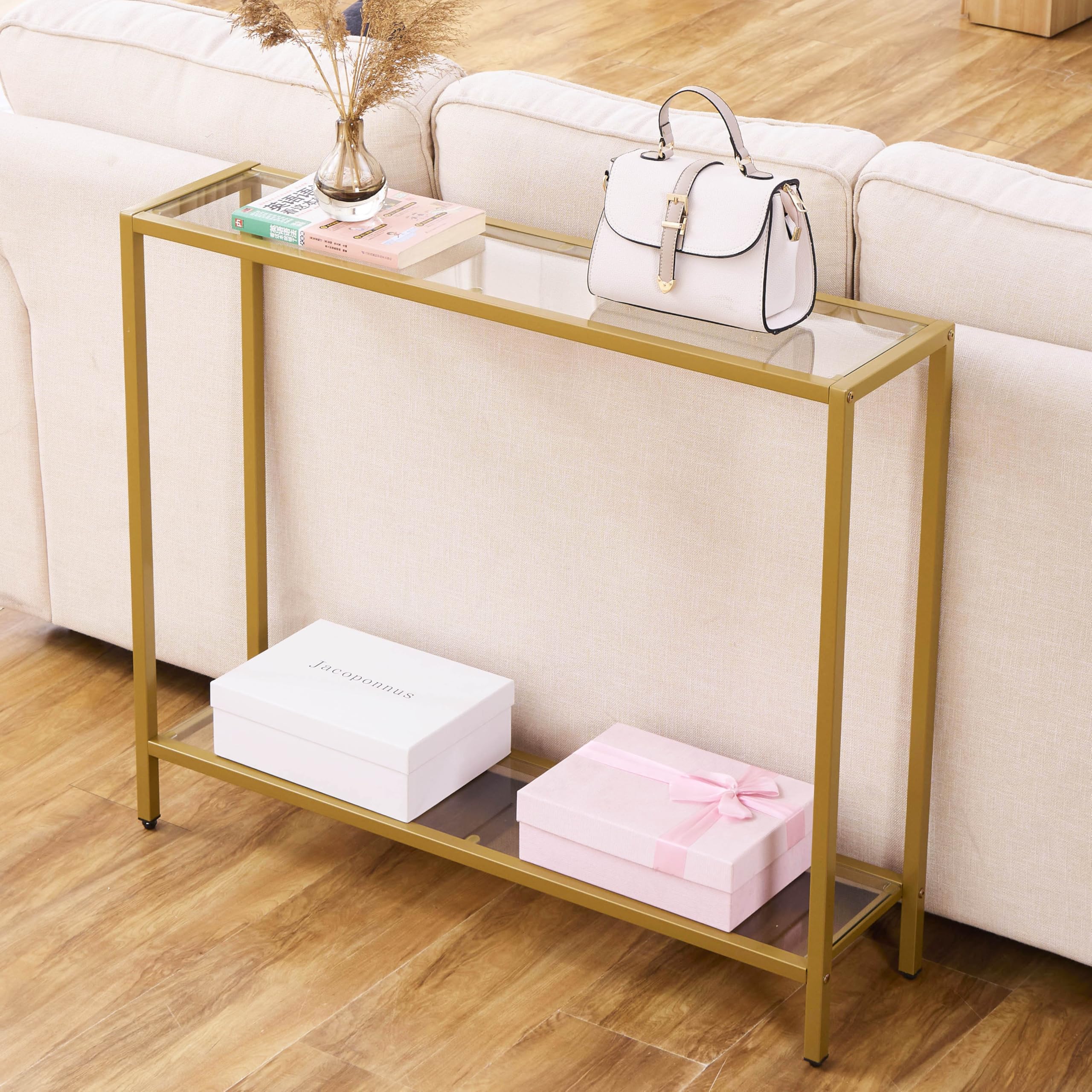 MAJARO Small Modern Console Table for Entryway, Tempered Glass with Metal Frame Sofa Table for Living Room, Hallway, Office (Single-Layer, Gold)