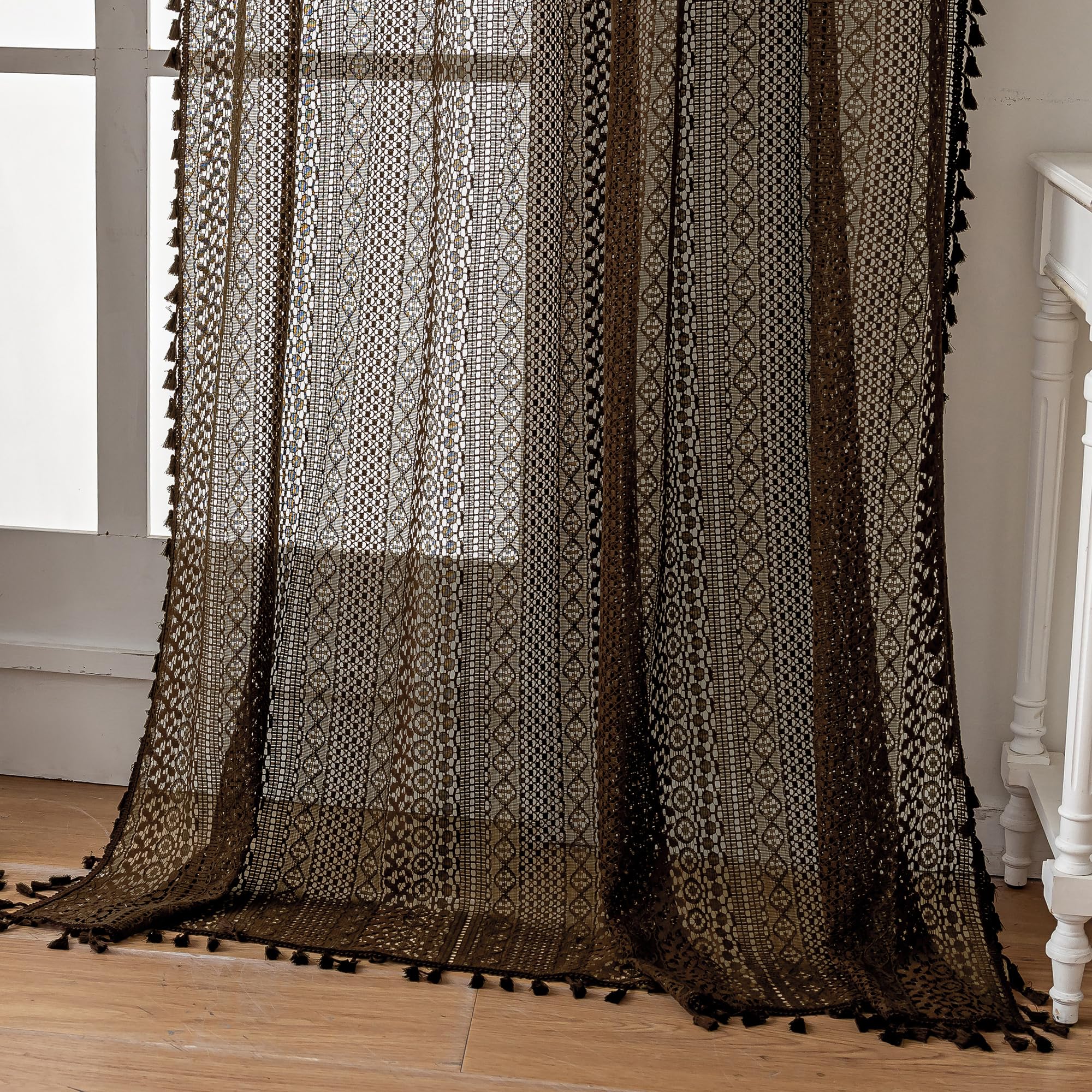 WAZZIO Boho Lace Curtains 108 Inch 2 Panel,Light Filtering Privacy Tassel & Geometry Crochet Semi Sheer Curtain Drapes for Bedroom Living Dining Room,Rod Pocket & Tassel,Vintage Farmhouse Decor,Beige