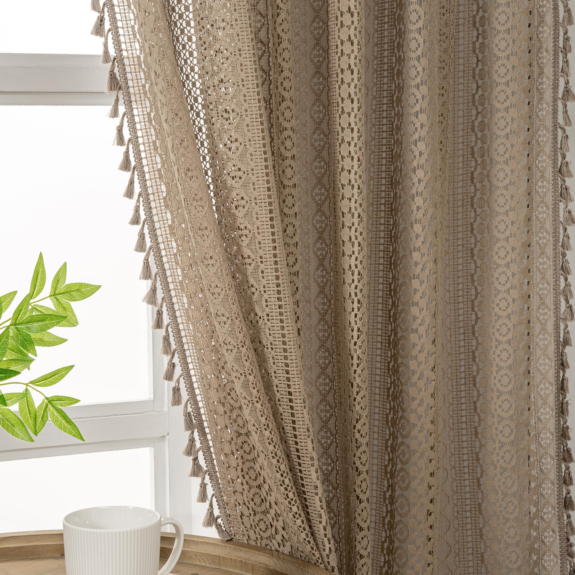 WAZZIO Boho Lace Curtains 108 Inch 2 Panel,Light Filtering Privacy Tassel & Geometry Crochet Semi Sheer Curtain Drapes for Bedroom Living Dining Room,Rod Pocket & Tassel,Vintage Farmhouse Decor,Beige