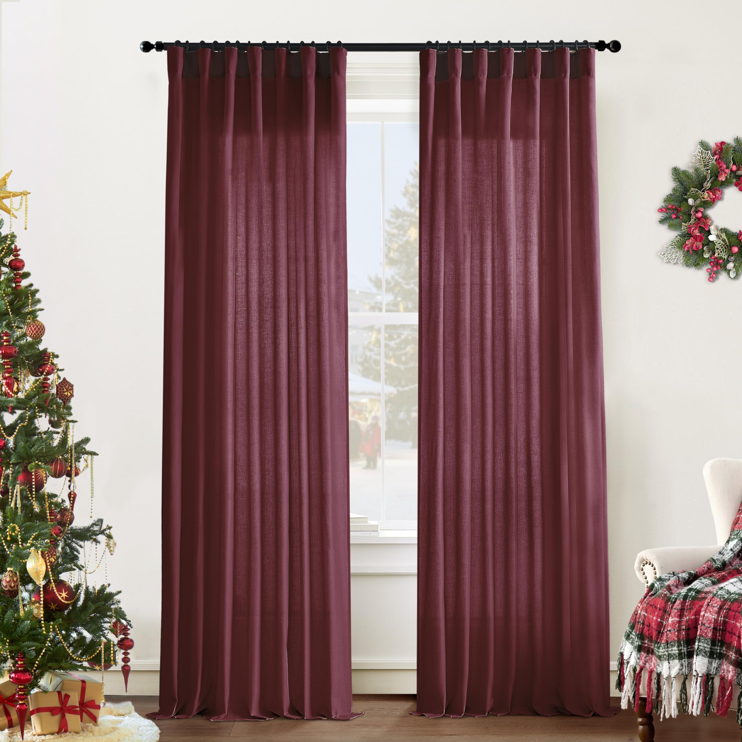 XTMYI 90 Inches Long Sheer Linen Curtains 2 Panels Set,Hook Tape Back Tab Semi Sheer Cotton Blend Fabric Modern Cottage Core Cottagecore Curtain Drapes for Living Room Bedroom,50x90 in Length