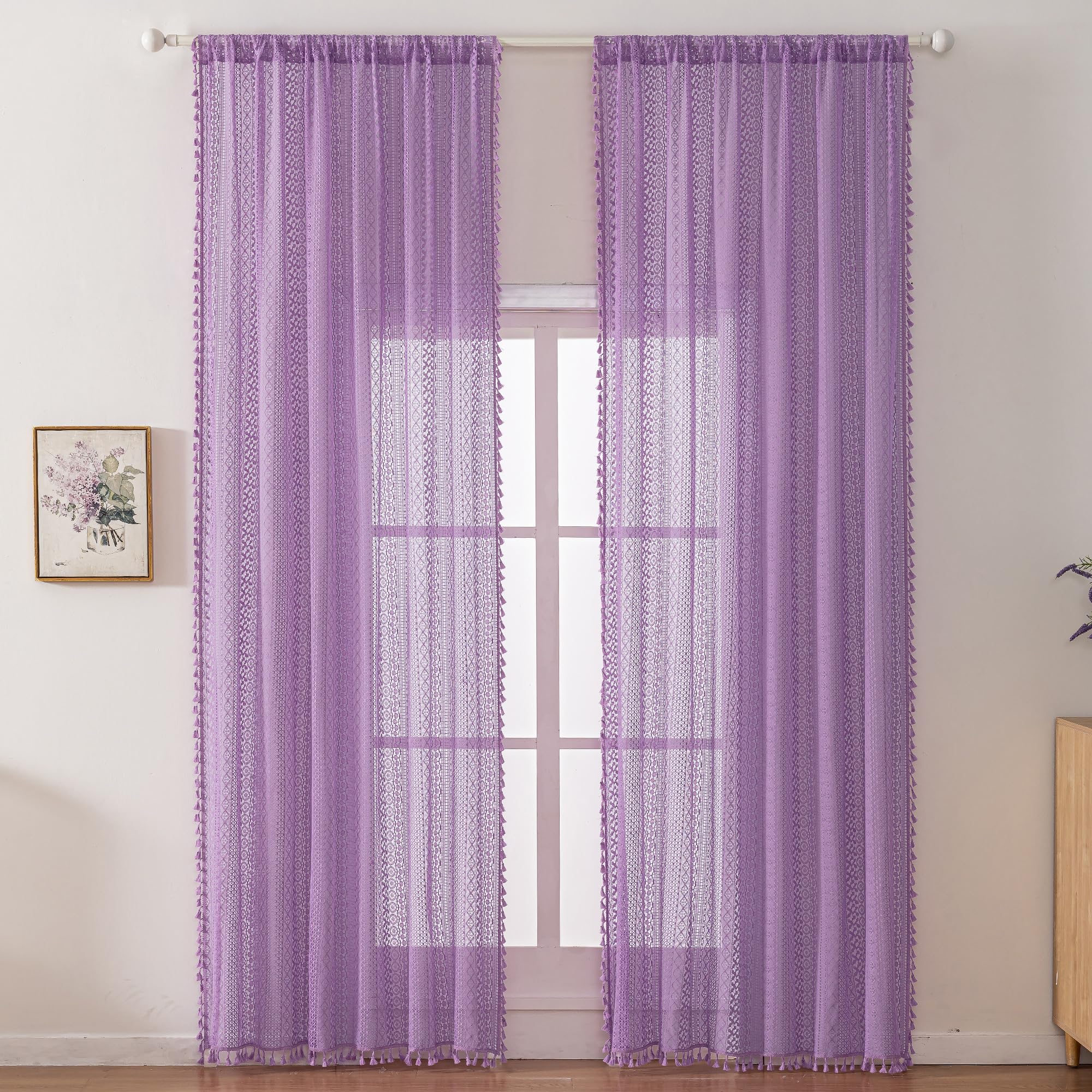 WAZZIO Boho Lace Curtains 108 Inch 2 Panel,Light Filtering Privacy Tassel & Geometry Crochet Semi Sheer Curtain Drapes for Bedroom Living Dining Room,Rod Pocket & Tassel,Vintage Farmhouse Decor,Beige