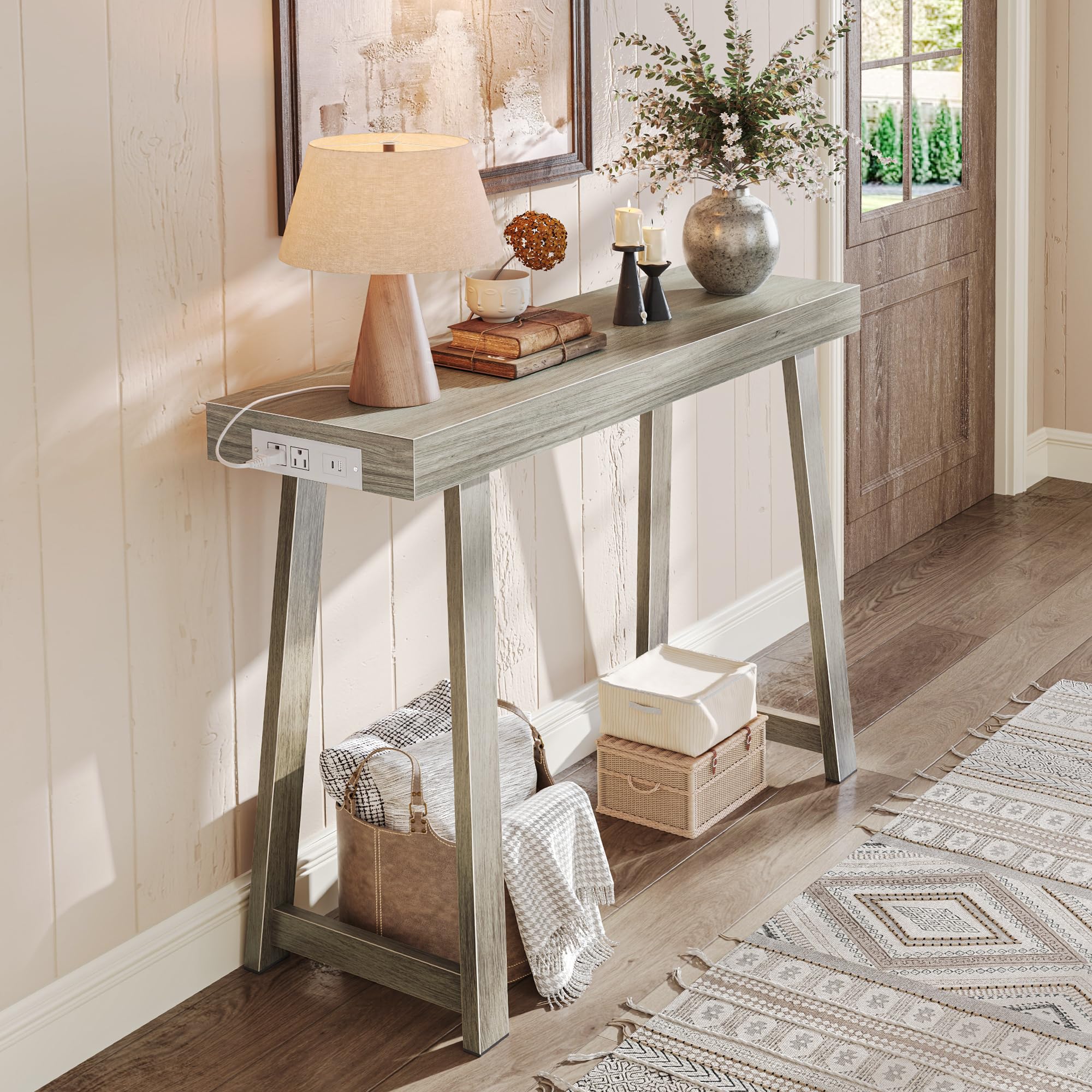 47.2" Black Modern Console Table with Charging Station & Metal Legs