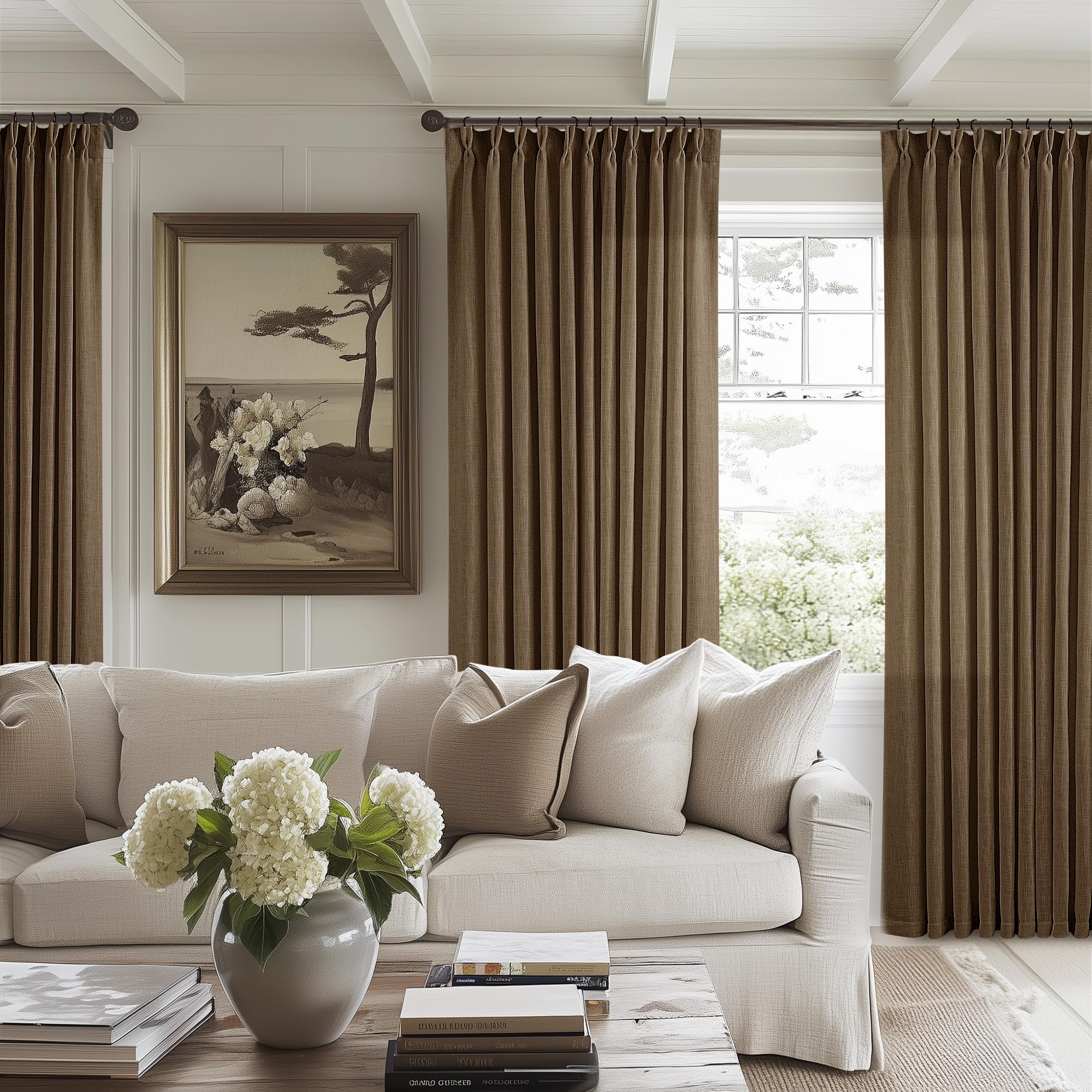 Natural Pinch Pleated Linen Curtains 84 Inch Length 2 Panels for Living Room Bedroom Textured Cream Ivory Birch Semi Sheer Boho Neutral Back Tab Pinch Pleat Hooks Rings Window Curtain 84 Inches Long