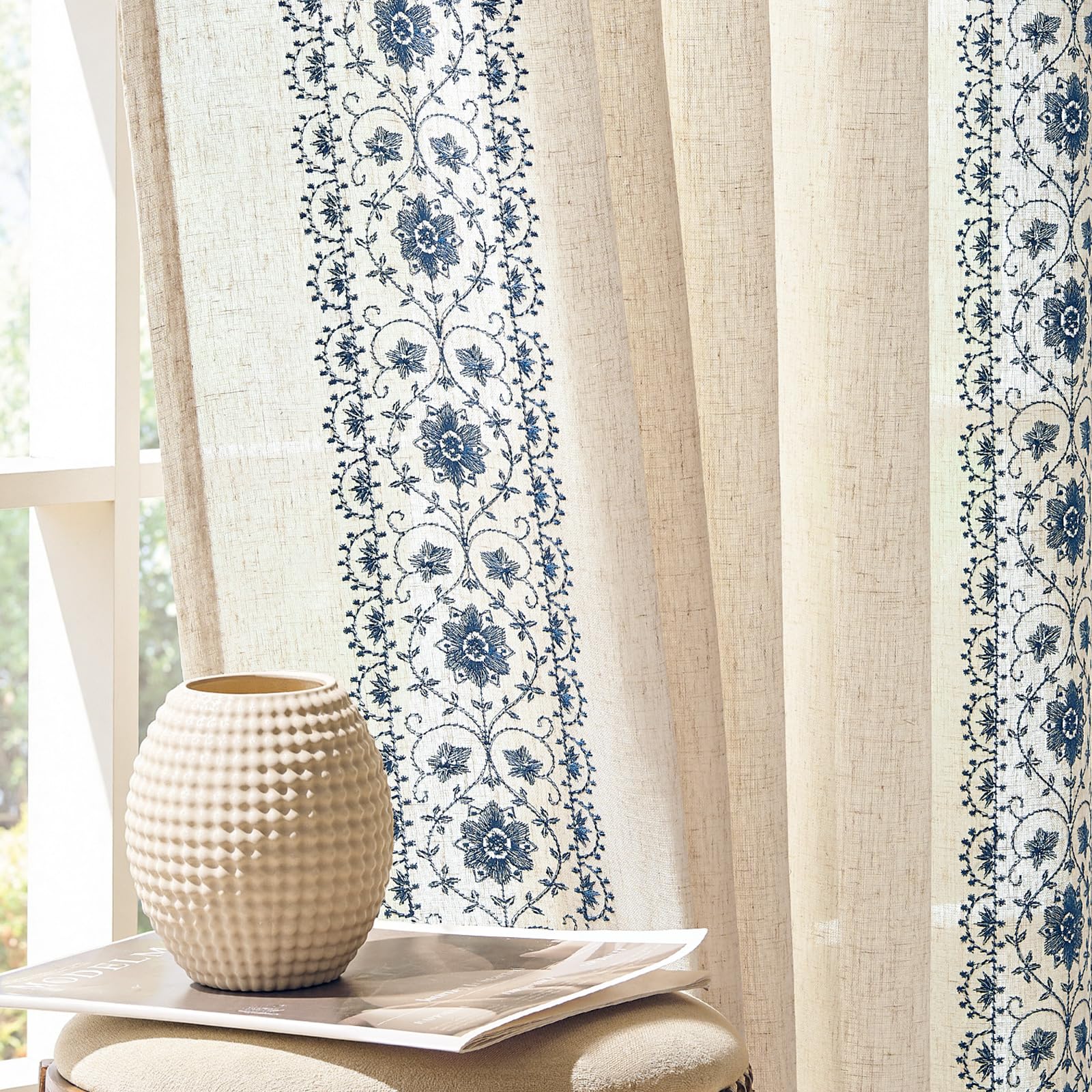 jinchan Weslie Beige Floral Sheer Curtains for Living Room 84 Inch Long Embroidered Voile Farmhouse Linen Curtains for Bedroom Ivory Flower Patterned Cottage Core Window Drapes 2 Panels Ivory on Beige