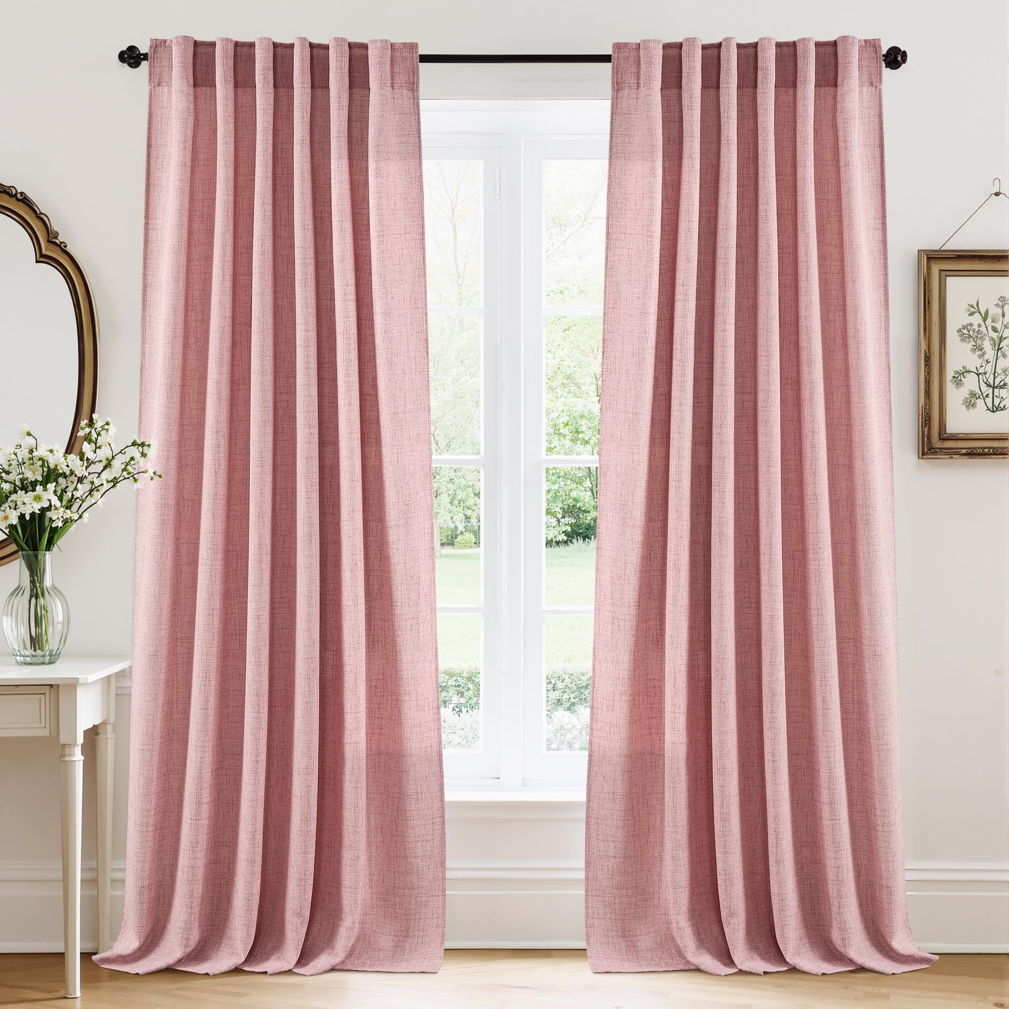 RYB HOME Semi Sheer Curtains 102 inches Long, Back Tab Light Filtration Half Privacy Window Curtains & Drapes for Bedroom Living Room, Linen, W 52 x L 102 inches, 2 Panels Set