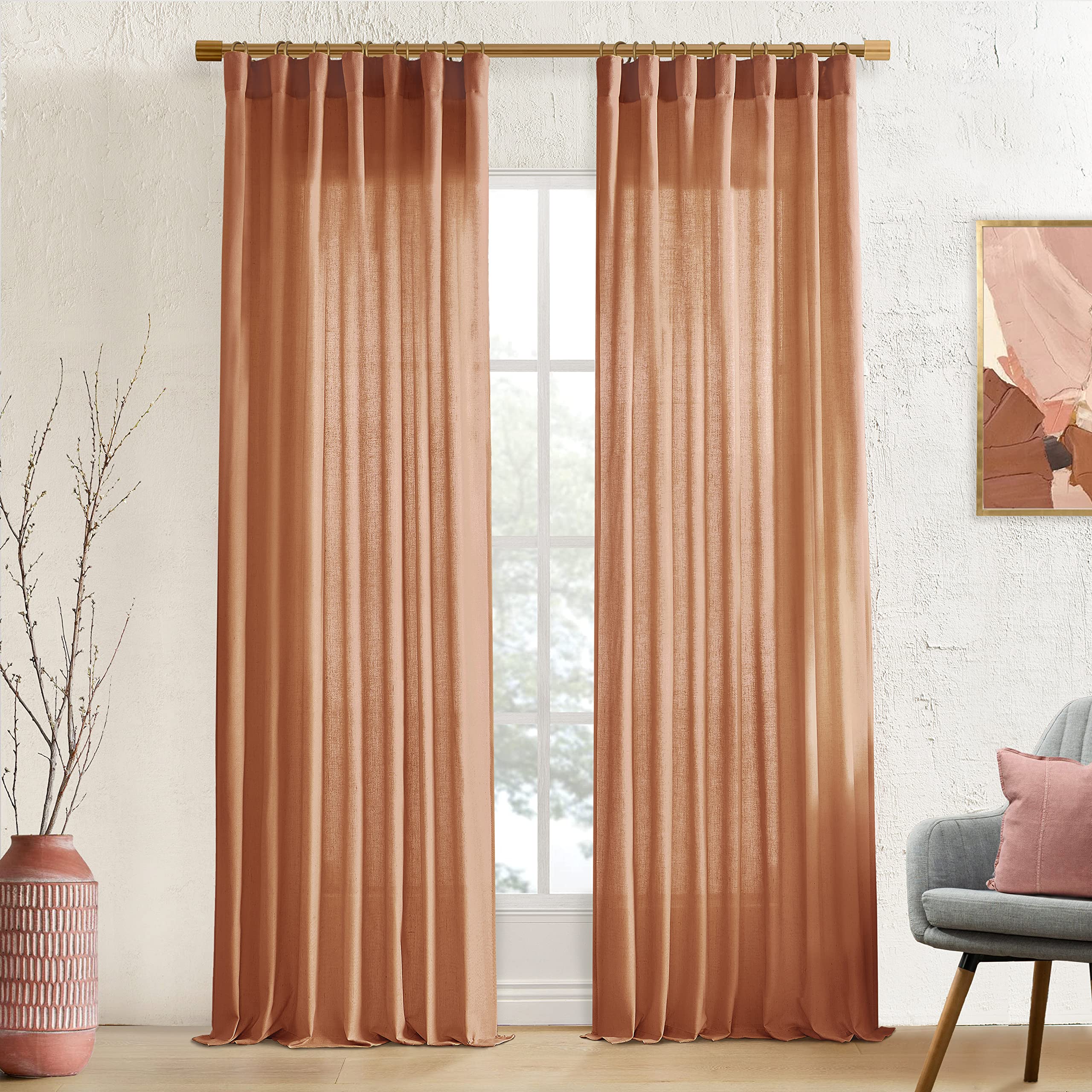 XTMYI 90 Inches Long Sheer Linen Curtains 2 Panels Set,Hook Tape Back Tab Semi Sheer Cotton Blend Fabric Modern Cottage Core Cottagecore Curtain Drapes for Living Room Bedroom,50x90 in Length