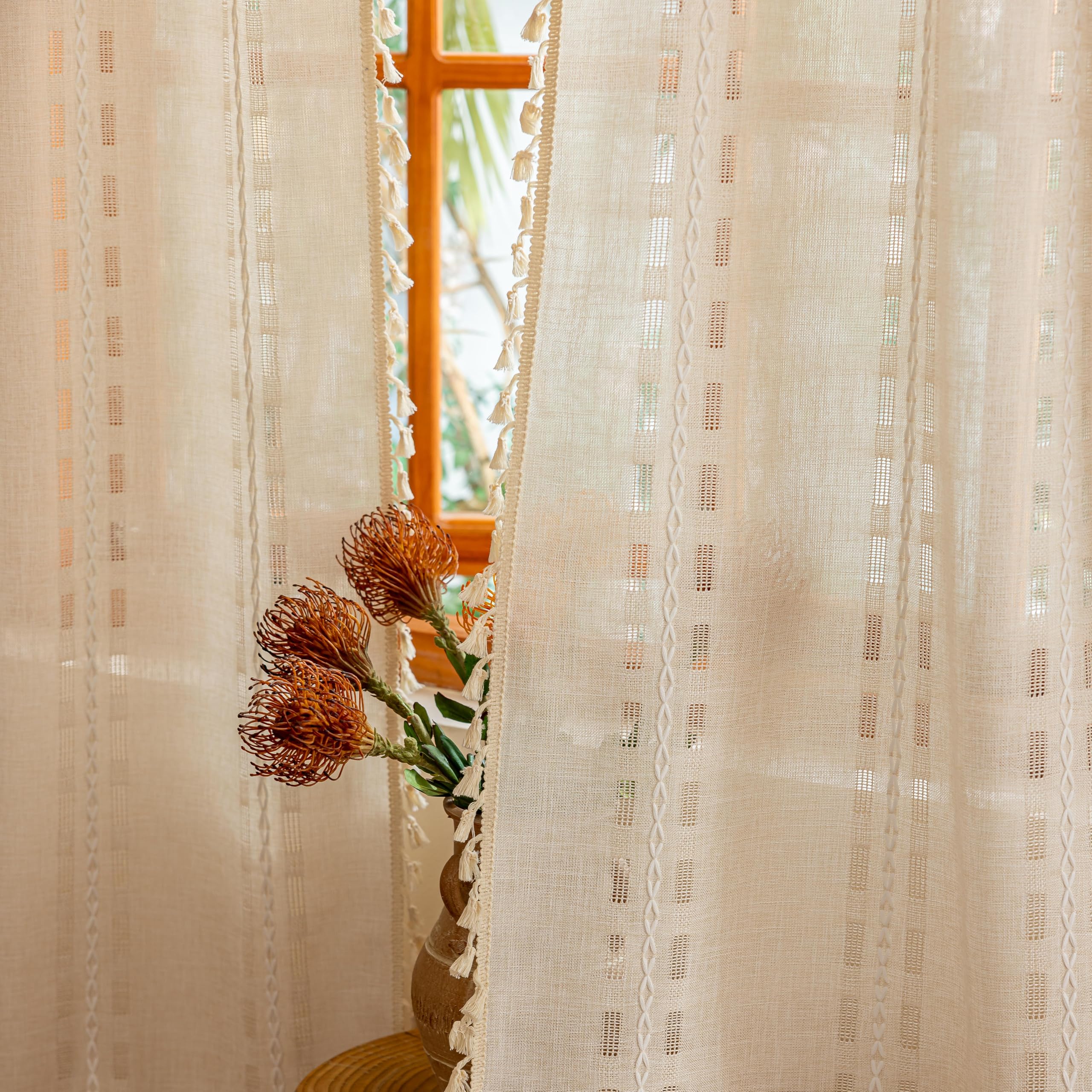 Natural Boho Semi Sheer Curtains 63 inch Length 2 Panel Set for Bedroom & Farmhouse, Bohemian Beige Light Filtering Privacy Drapes Tassels Shabby Chic Embroidery Window Curtains Back Tab & Rod pocket