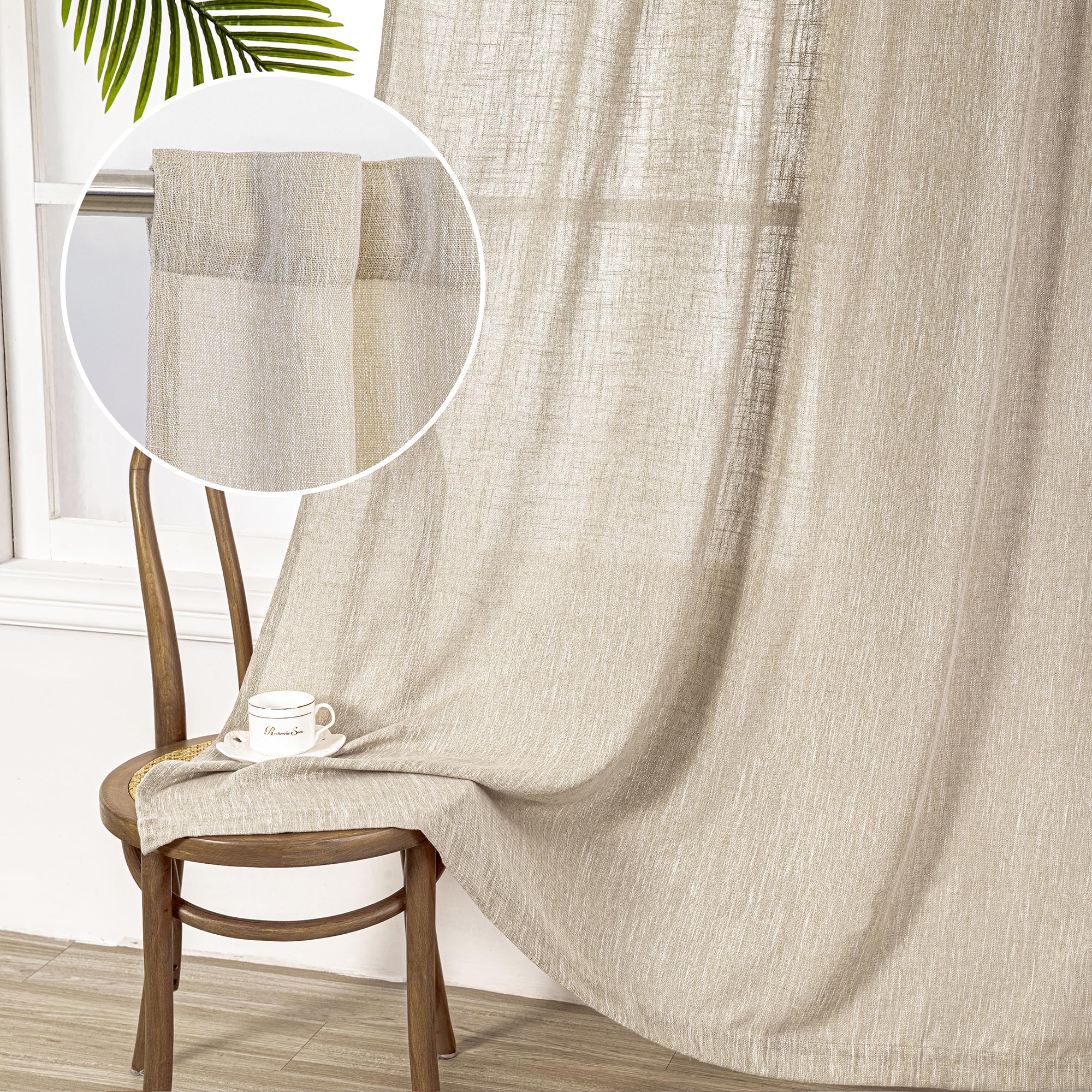 MYSKY HOME Country Curtains for Sliding Glass Door, Back Tab Semi Sheer Curtain Panels Extra Long Floor Length Drapes Linen Texture Soft Touch, 50x108 Inch, Linen, Set of 2