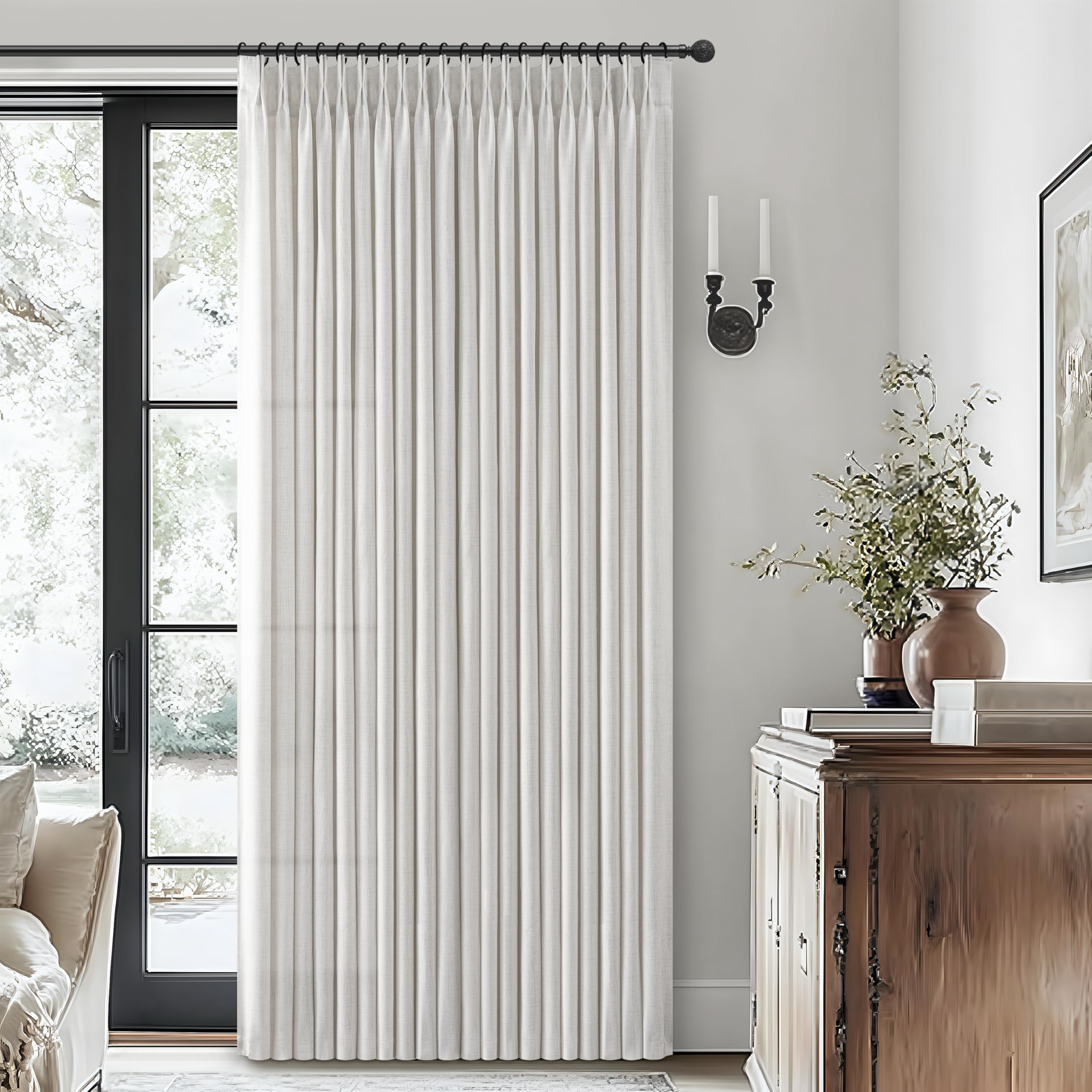 Pinch Pleated Linen Curtains 96 Inches Long for Living Room Bedroom, Light Filtering Boho Window Drape 96 inch 2 Panels Burgs with Hooks&Rings 8ft Cream Birch Sliding Glass Door Sheer Curtain Decor