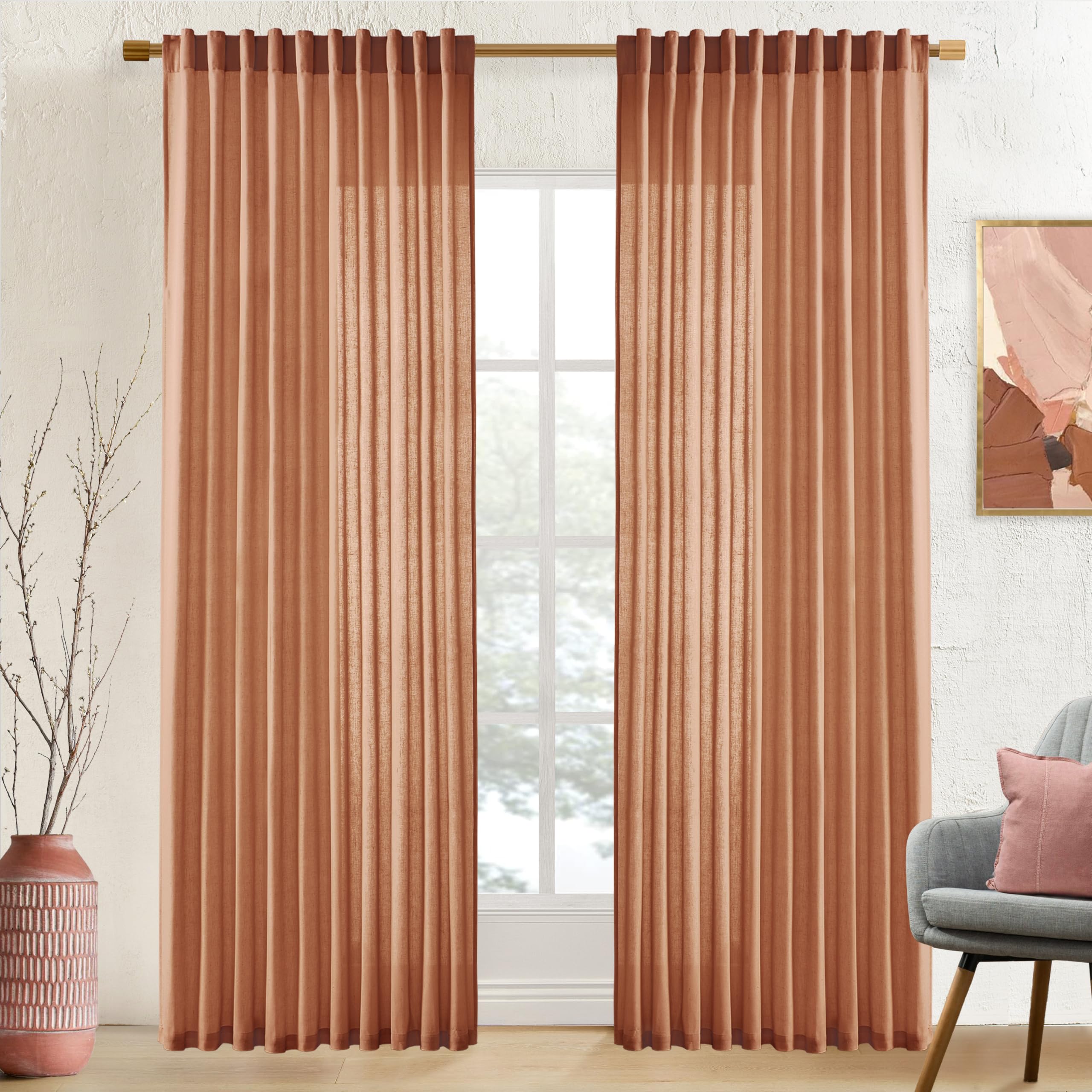 XTMYI 90 Inches Long Sheer Linen Curtains 2 Panels Set,Hook Tape Back Tab Semi Sheer Cotton Blend Fabric Modern Cottage Core Cottagecore Curtain Drapes for Living Room Bedroom,50x90 in Length