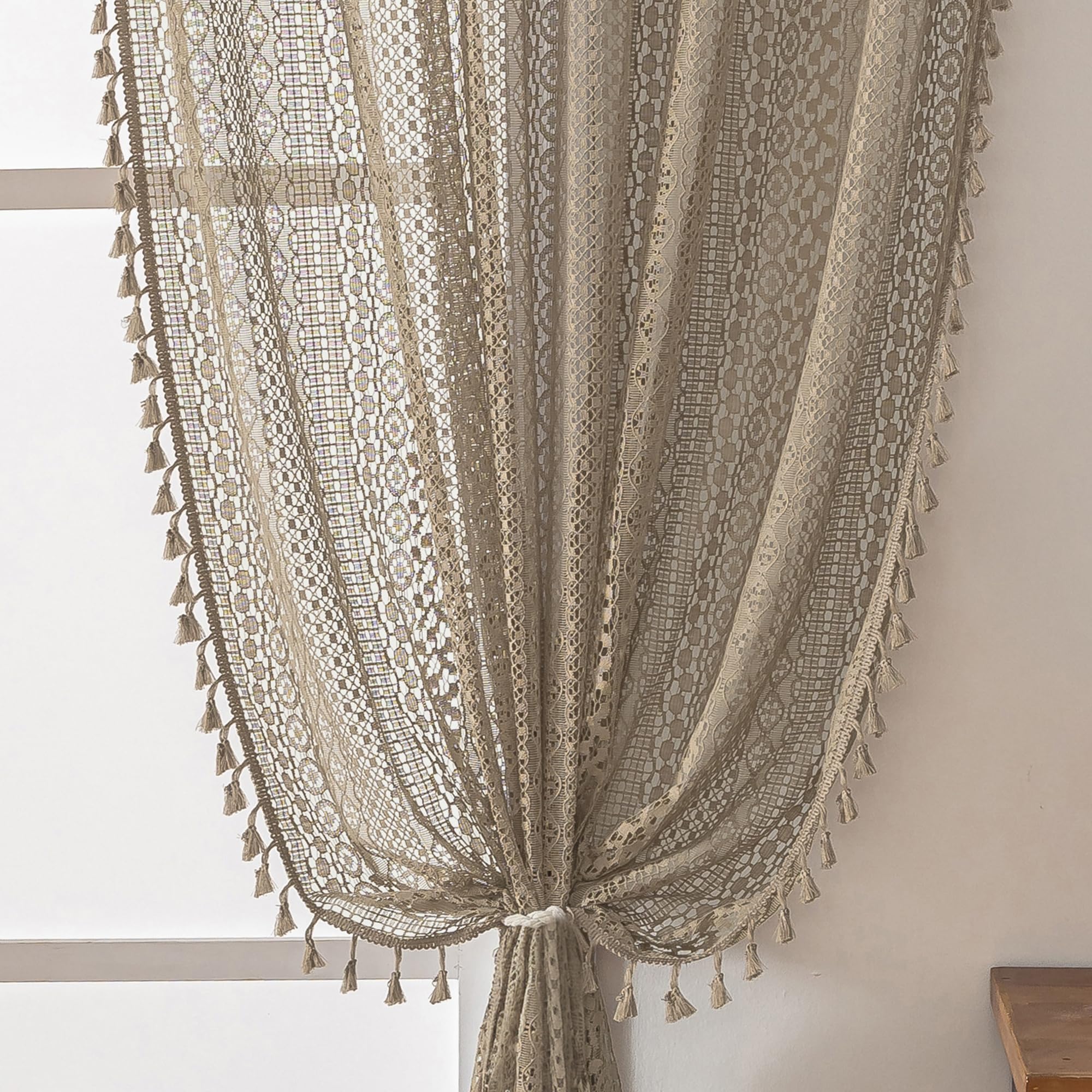 WAZZIO Boho Lace Curtains 108 Inch 2 Panel,Light Filtering Privacy Tassel & Geometry Crochet Semi Sheer Curtain Drapes for Bedroom Living Dining Room,Rod Pocket & Tassel,Vintage Farmhouse Decor,Beige
