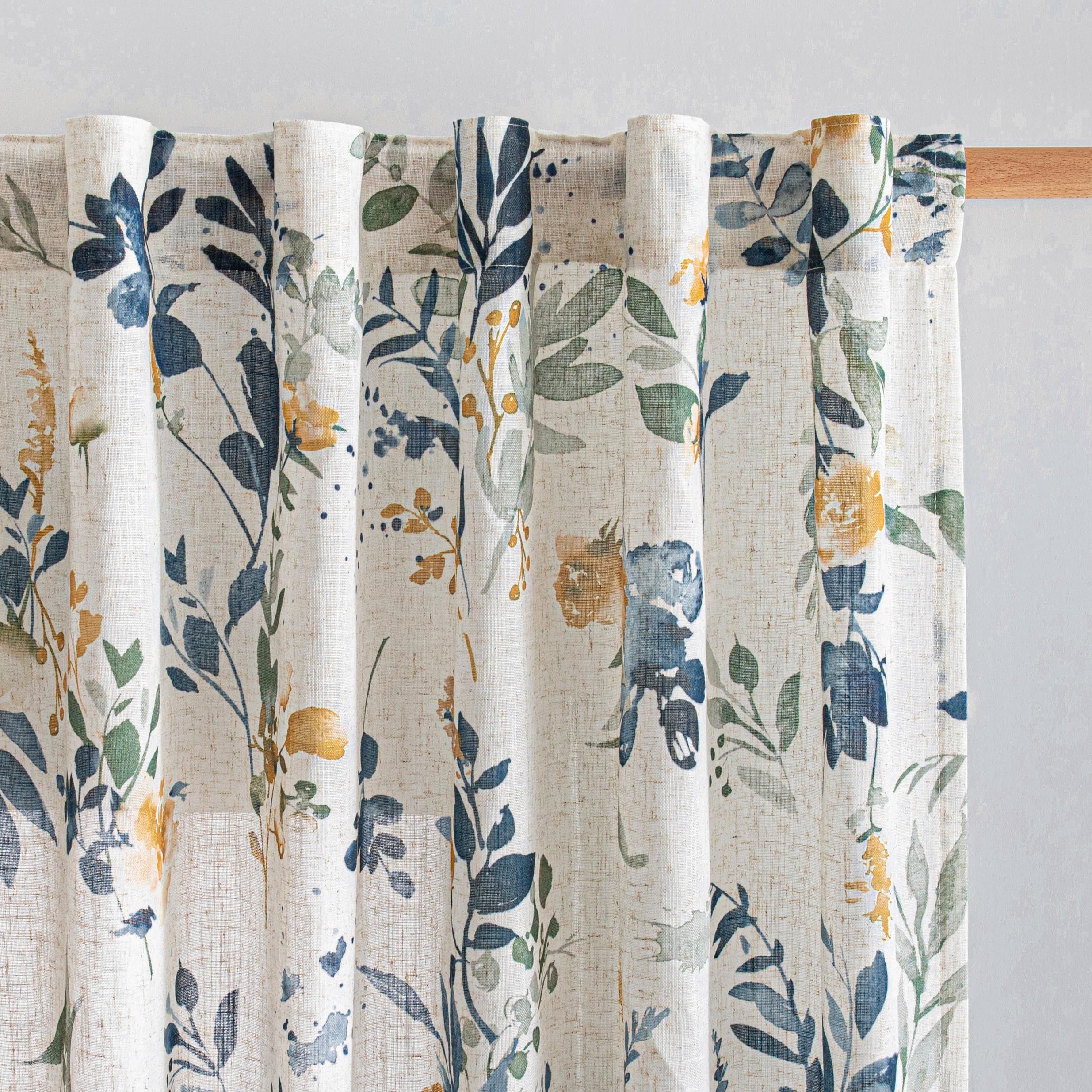 MYSKY HOME Sheer Curtains 84 Inches Long 2 Panels Linen Blended Farmhouse Curtains & Drapes for Living Room Bedroom, Light Filtering Privacy Curtains Floral Printed Classical Home Decor, Navy Blue(2)