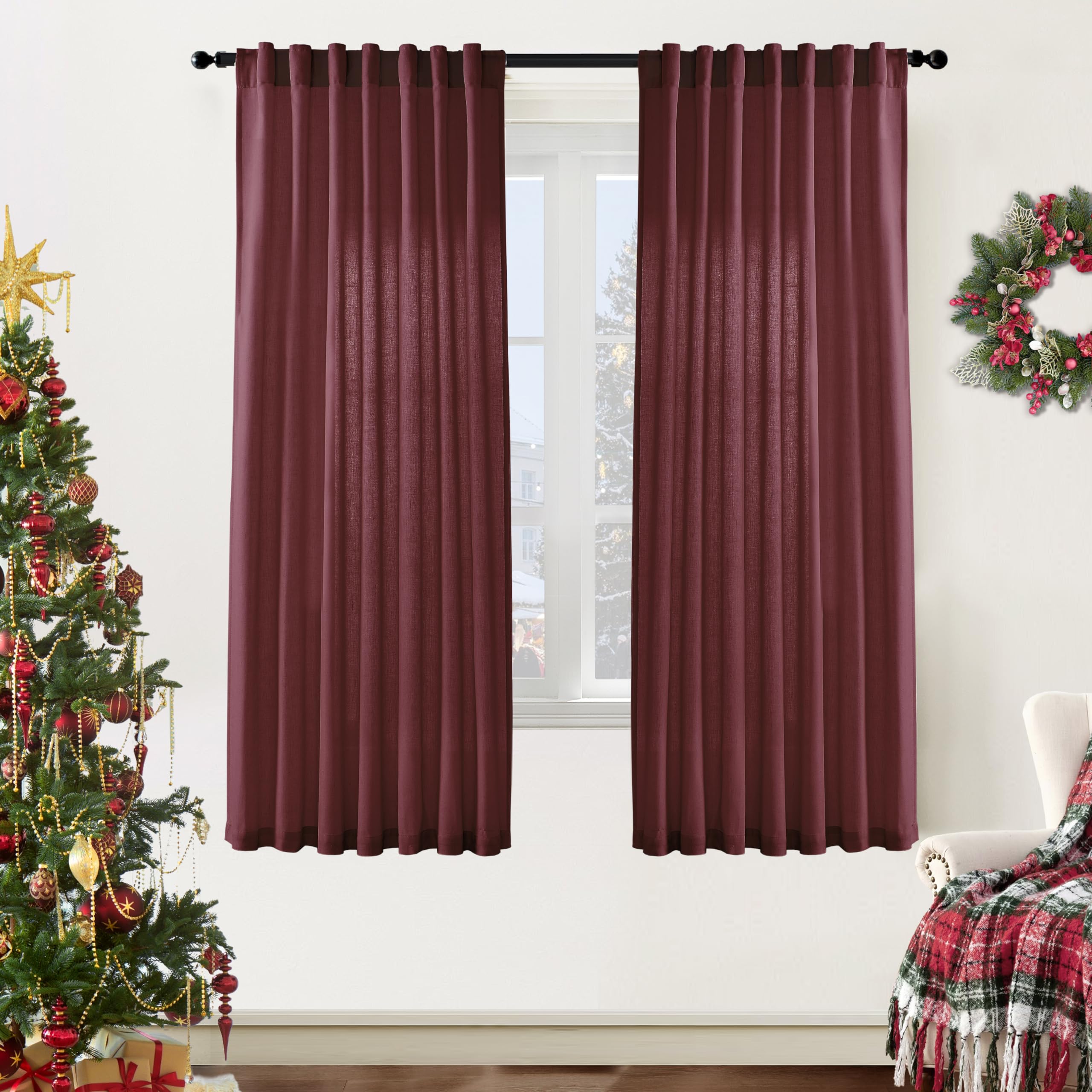 XTMYI 90 Inches Long Sheer Linen Curtains 2 Panels Set,Hook Tape Back Tab Semi Sheer Cotton Blend Fabric Modern Cottage Core Cottagecore Curtain Drapes for Living Room Bedroom,50x90 in Length