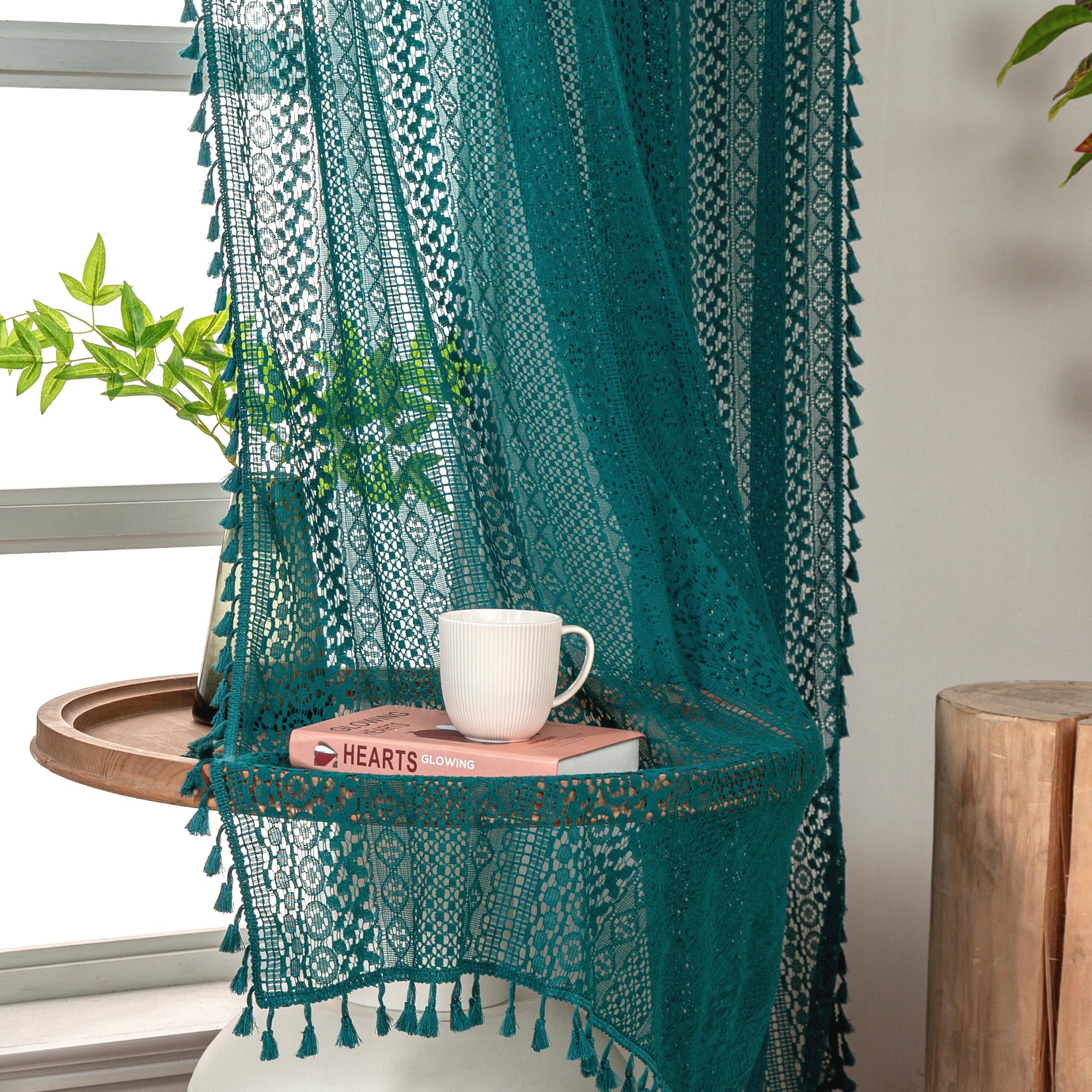 WAZZIO Boho Lace Curtains 108 Inch 2 Panel,Light Filtering Privacy Tassel & Geometry Crochet Semi Sheer Curtain Drapes for Bedroom Living Dining Room,Rod Pocket & Tassel,Vintage Farmhouse Decor,Beige