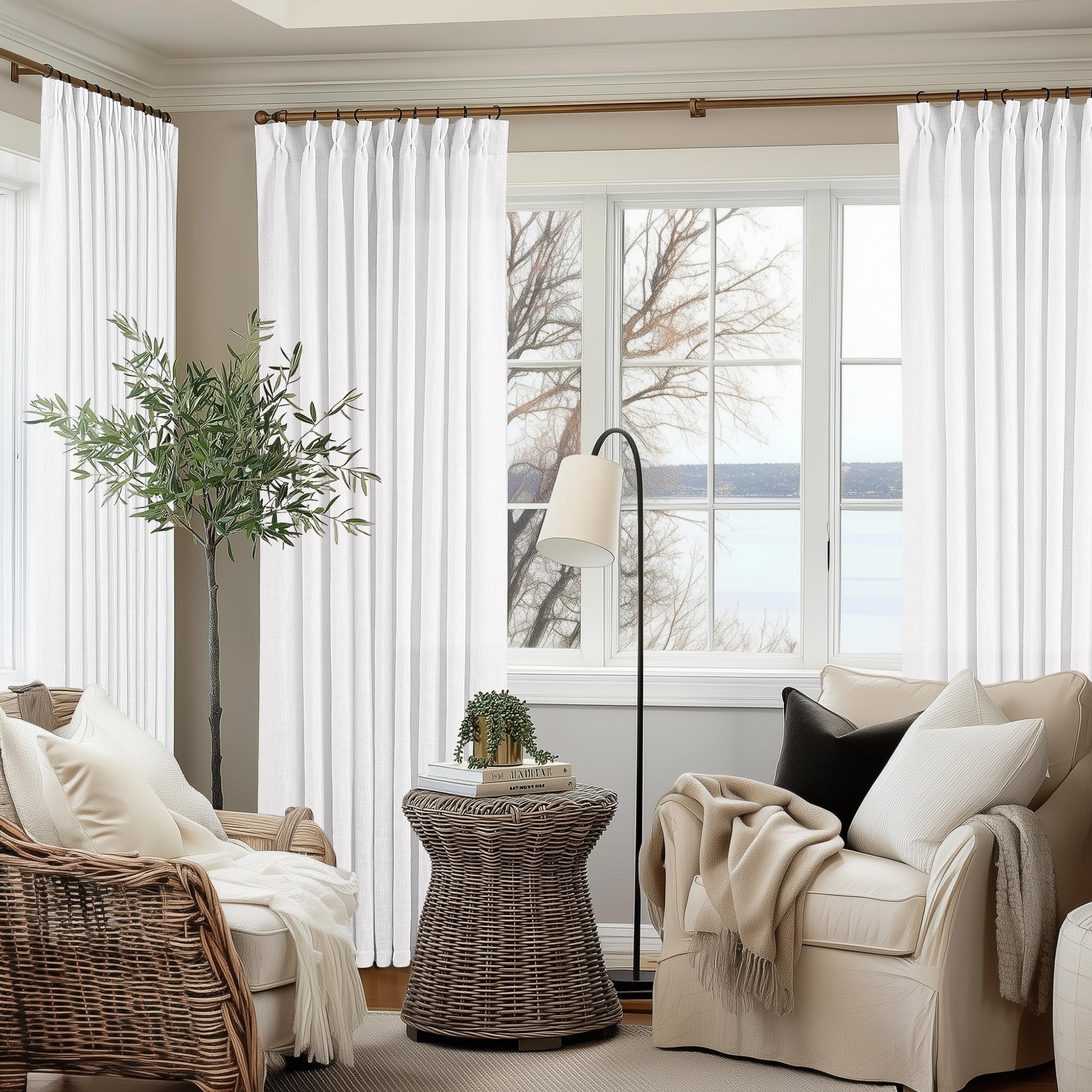 Natural Pinch Pleated Linen Curtains 84 Inch Length 2 Panels for Living Room Bedroom Textured Cream Ivory Birch Semi Sheer Boho Neutral Back Tab Pinch Pleat Hooks Rings Window Curtain 84 Inches Long