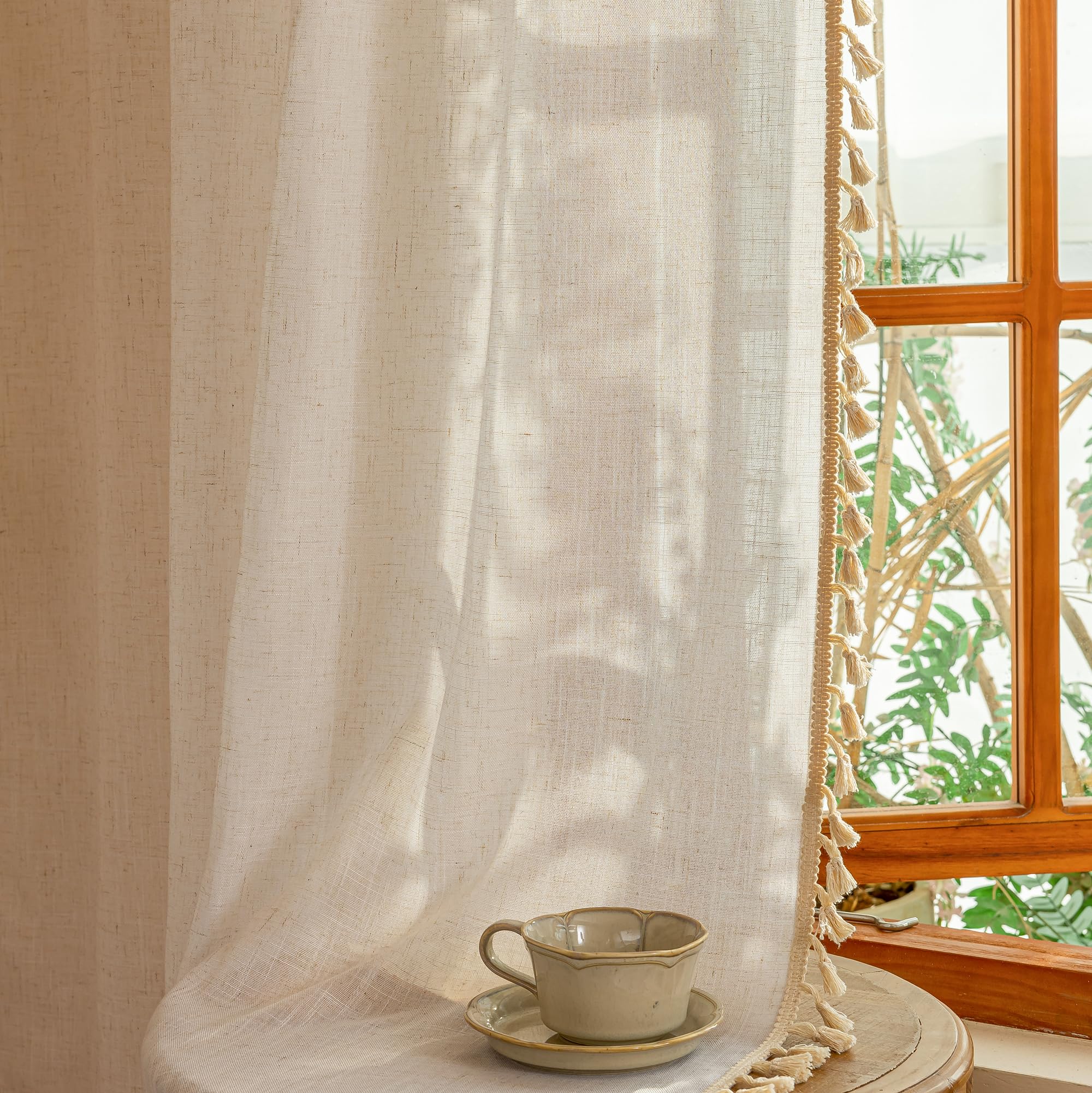 MYSKY HOME Country Curtains for Sliding Glass Door, Back Tab Semi Sheer Curtain Panels Extra Long Floor Length Drapes Linen Texture Soft Touch, 50x108 Inch, Linen, Set of 2