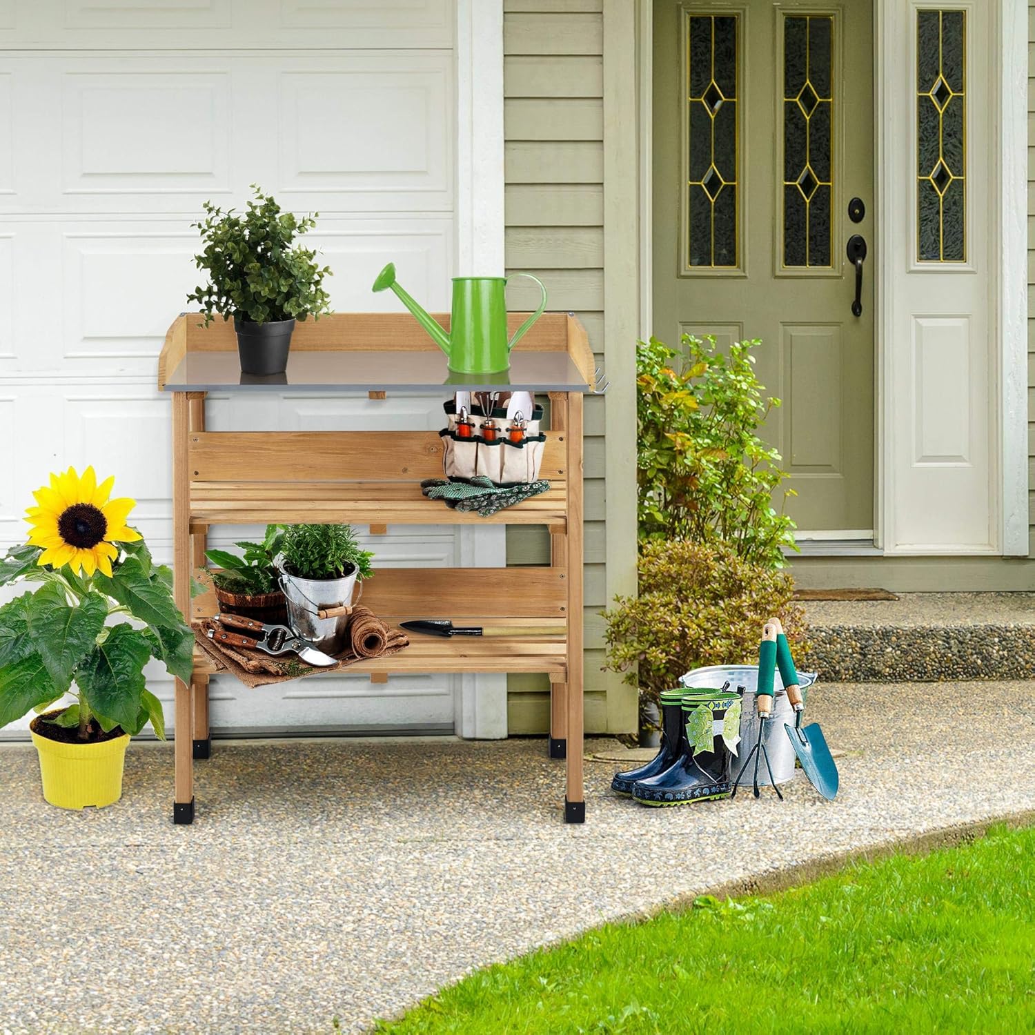 Yaheetech Outdoor Garden Potting Bench Table Wooden Horticulture Planting Worstation w/Metal Tabletop/Storage Shelf/3 Hooks, Natural Wood