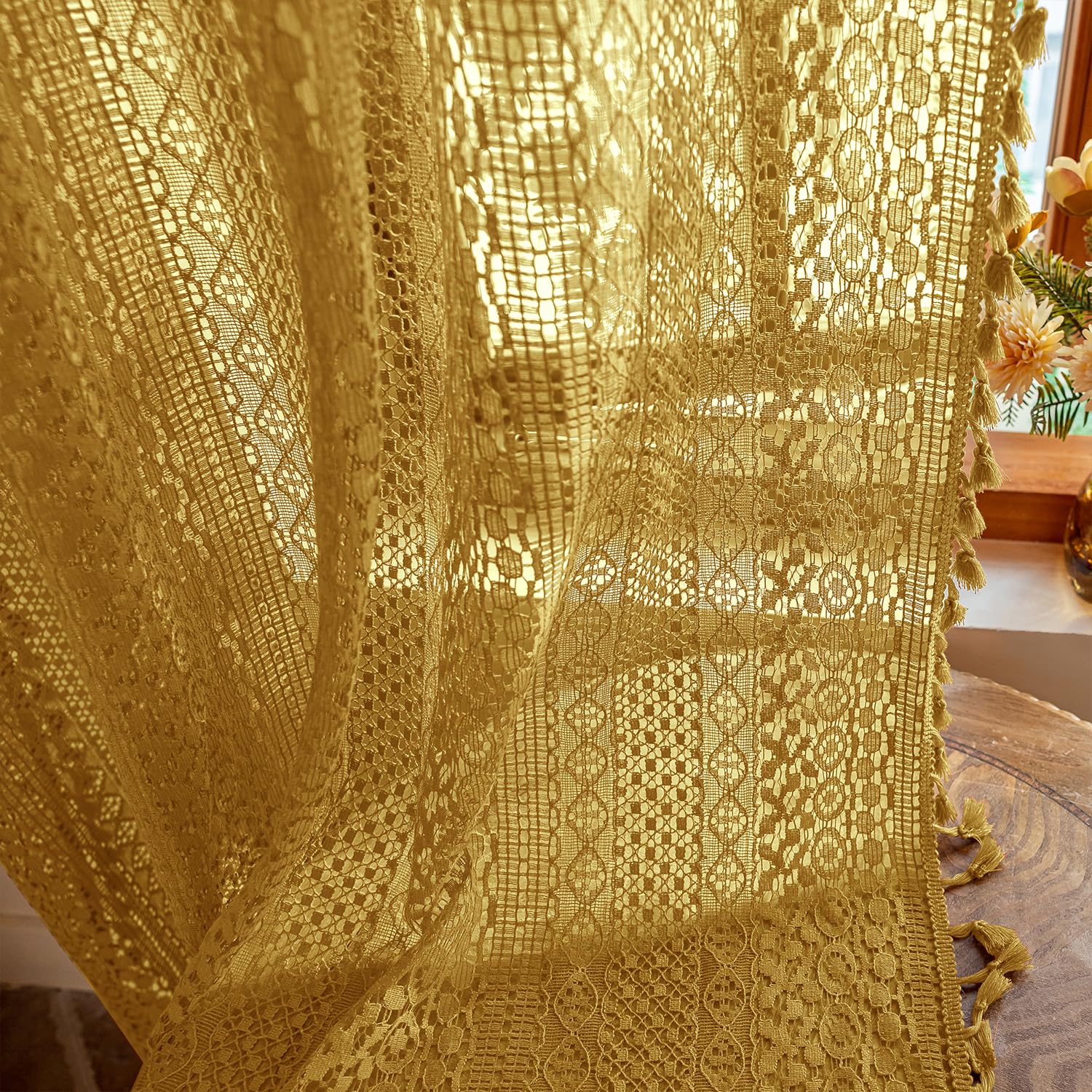 WAZZIO Boho Lace Curtains 108 Inch 2 Panel,Light Filtering Privacy Tassel & Geometry Crochet Semi Sheer Curtain Drapes for Bedroom Living Dining Room,Rod Pocket & Tassel,Vintage Farmhouse Decor,Beige