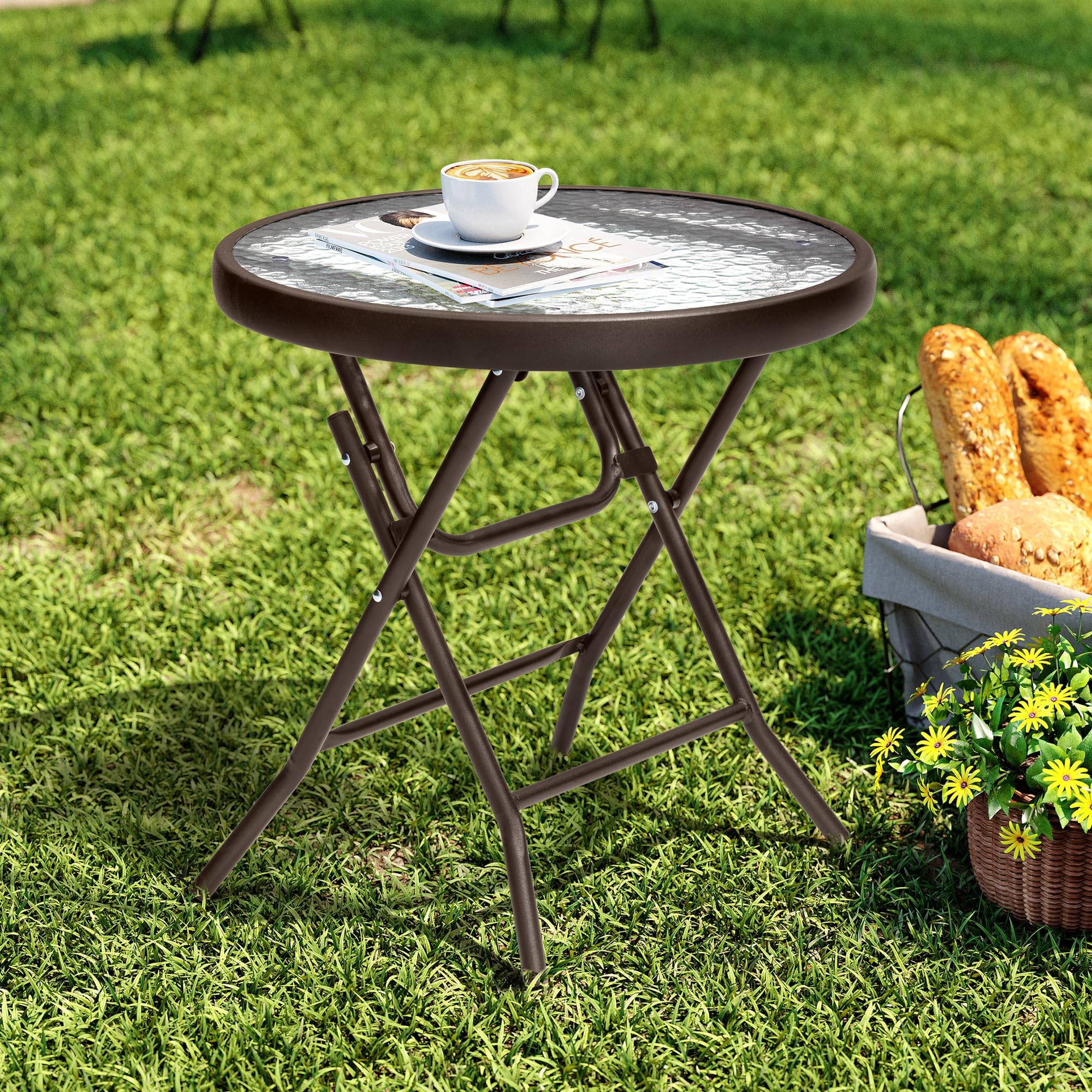 18" Black Tempered Glass Folding Side Table for Outdoor Spaces