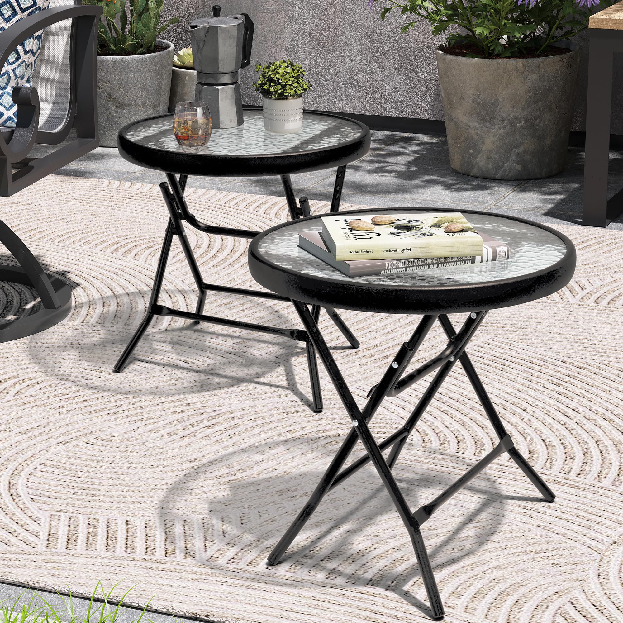 18" Black Tempered Glass Folding Side Table for Outdoor Spaces