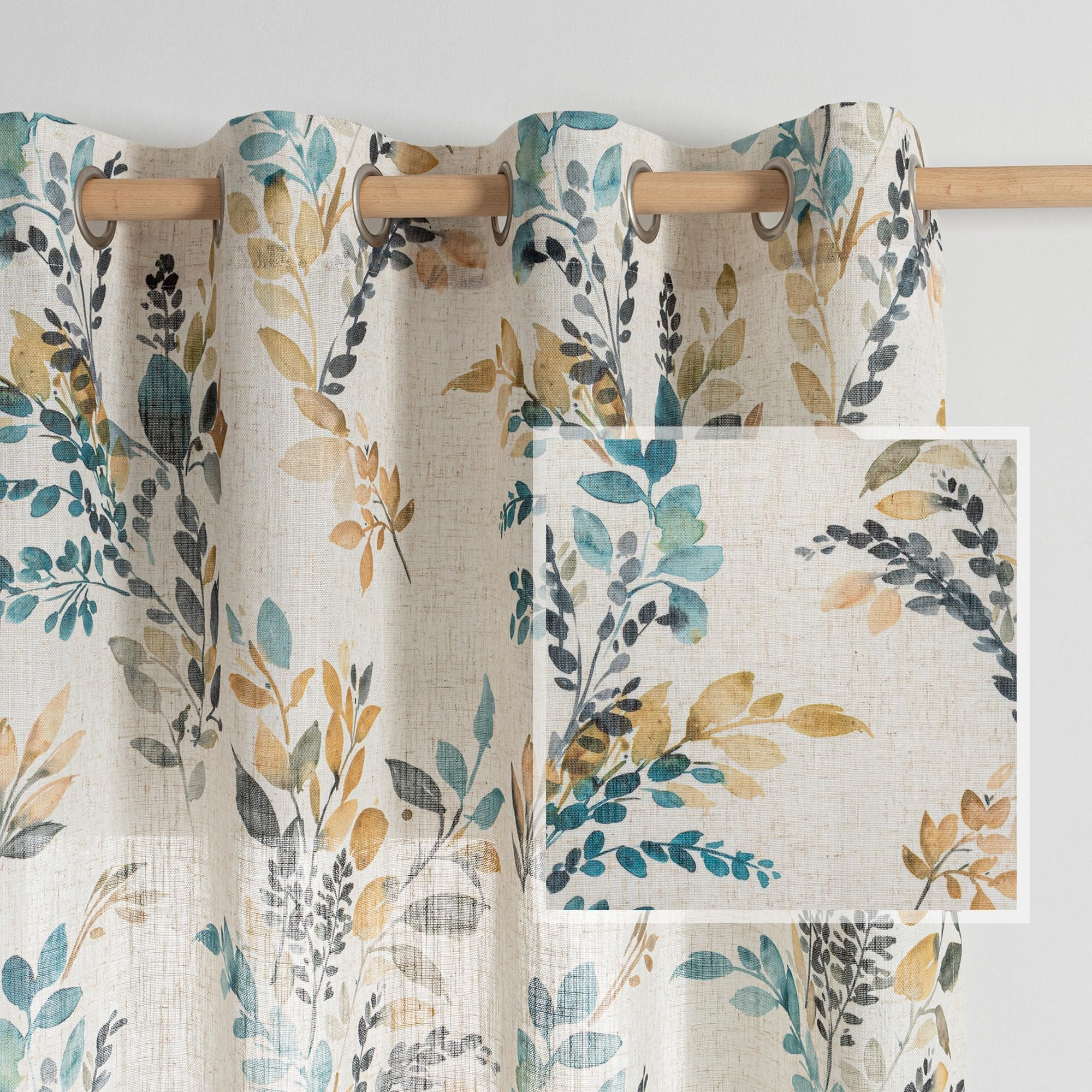 MYSKY HOME Sage Green Floral Linen Spring Curtains 84 inch Long 2 Panels Set Semi Sheer Light Filtering Farmhouse Flower Pattern Grommet Top for Living Room Bedroom, 52" W Each Panel