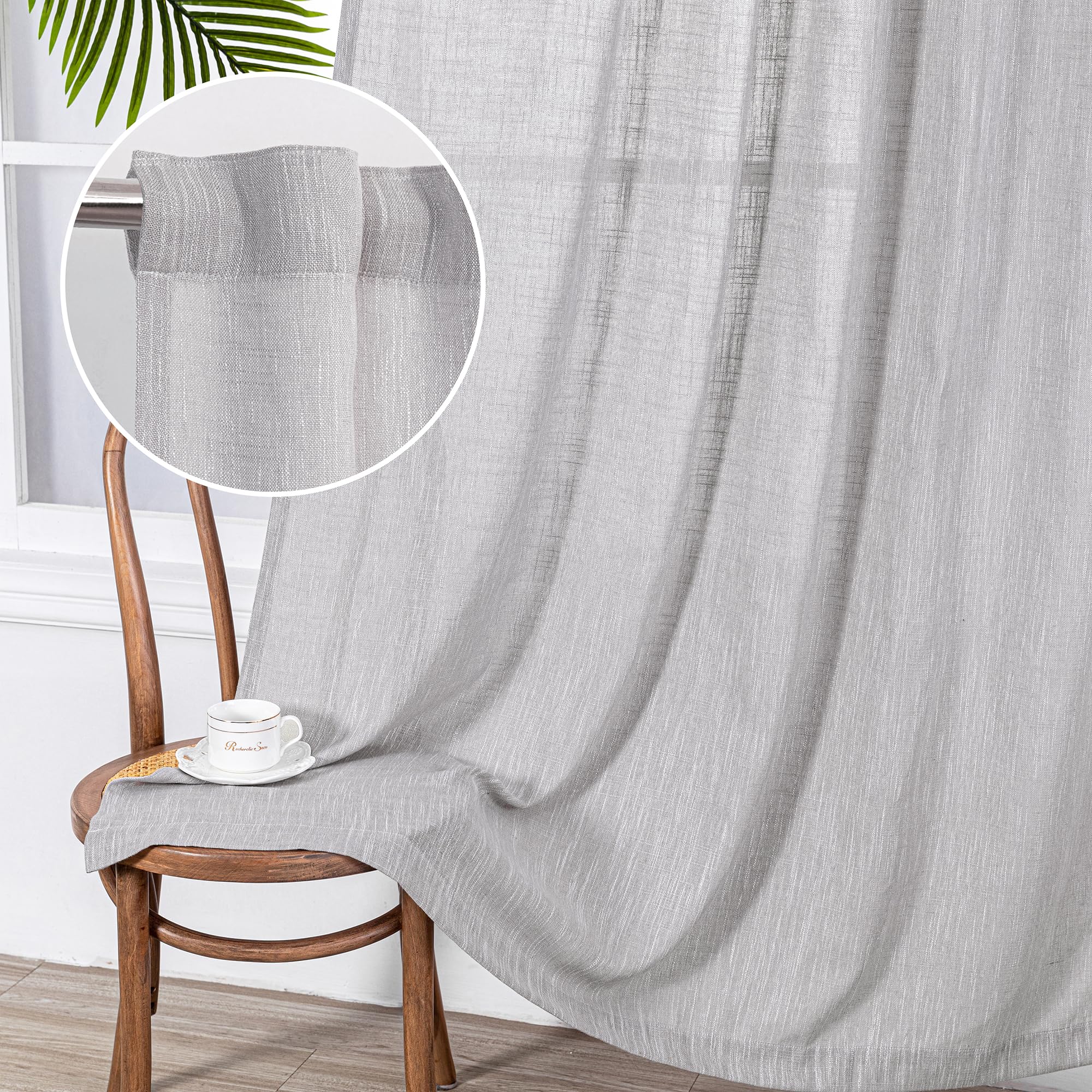 MYSKY HOME Country Curtains for Sliding Glass Door, Back Tab Semi Sheer Curtain Panels Extra Long Floor Length Drapes Linen Texture Soft Touch, 50x108 Inch, Linen, Set of 2