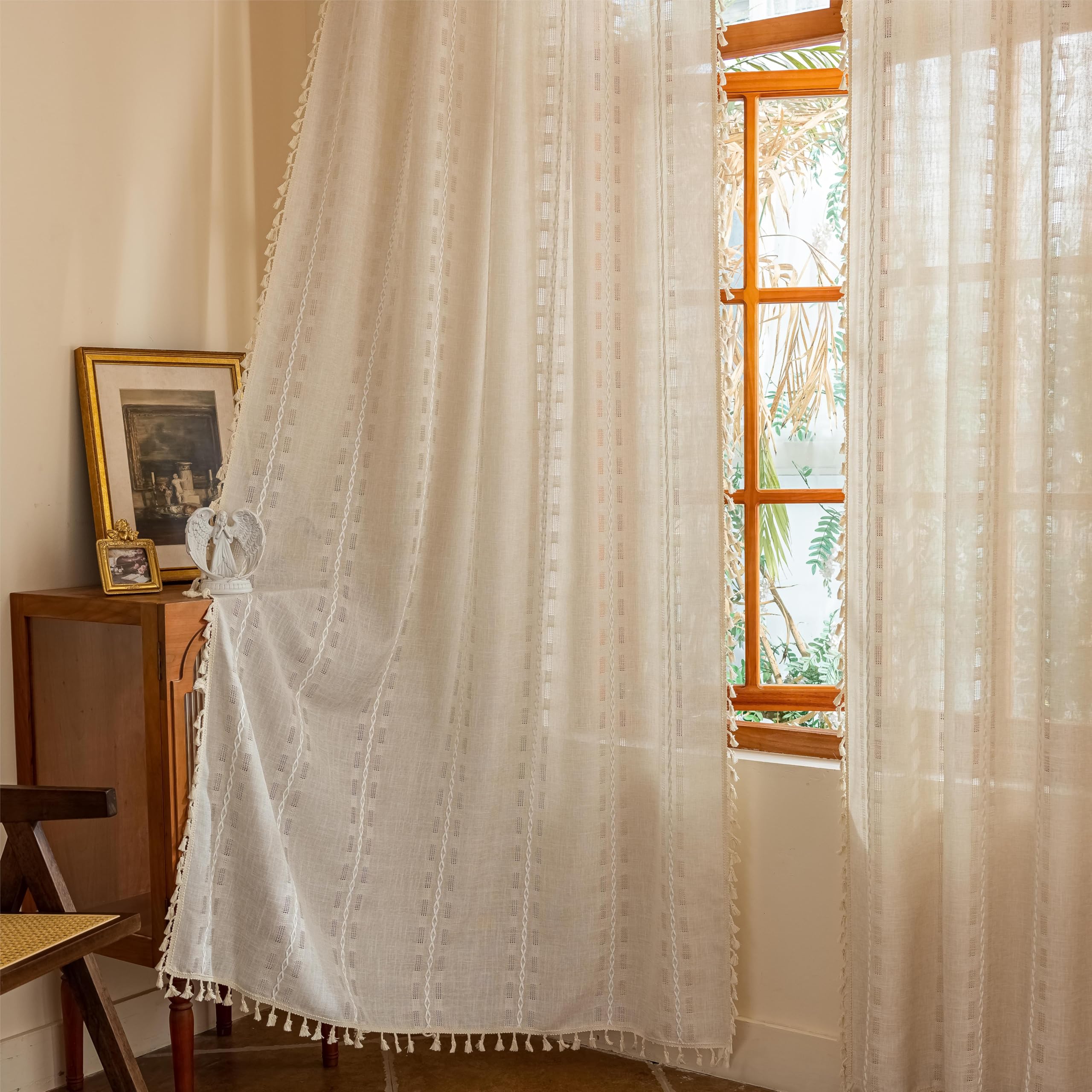 Natural Boho Semi Sheer Curtains 63 inch Length 2 Panel Set for Bedroom & Farmhouse, Bohemian Beige Light Filtering Privacy Drapes Tassels Shabby Chic Embroidery Window Curtains Back Tab & Rod pocket
