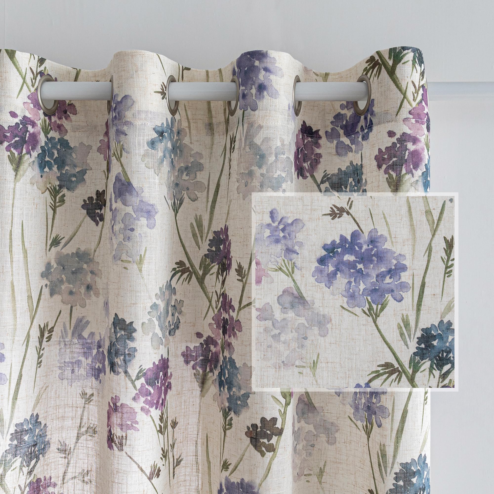MYSKY HOME Sage Green Floral Linen Spring Curtains 84 inch Long 2 Panels Set Semi Sheer Light Filtering Farmhouse Flower Pattern Grommet Top for Living Room Bedroom, 52" W Each Panel