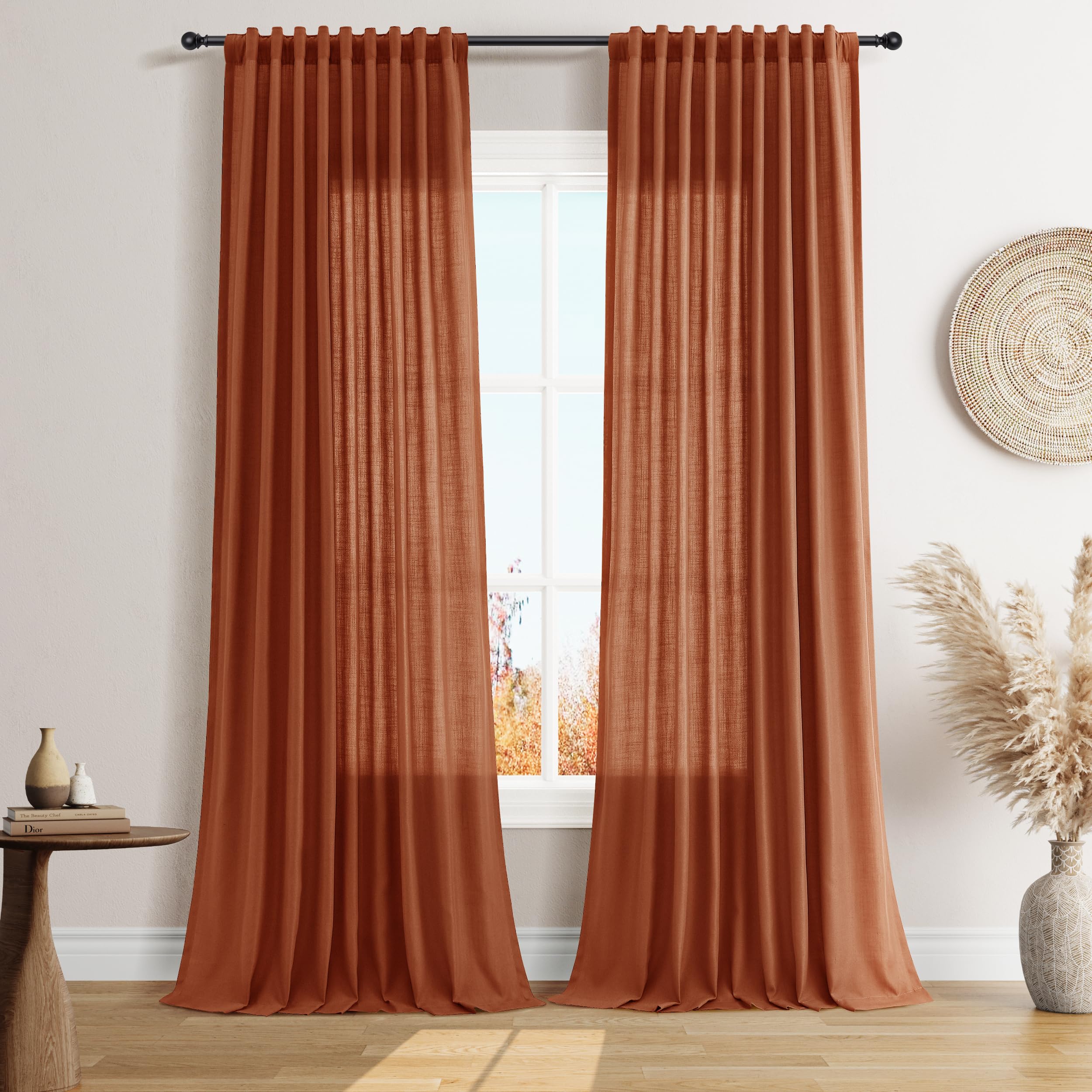 Nanspring Linen Curtains 80 Inches Long for Living Room Semi Sheer Light Filtering Curtain Back Tab Neutral Boho Modern Farmhouse Window Drapes for Bedroom 52x80 2 Panels Cream Ivory Beige Natural