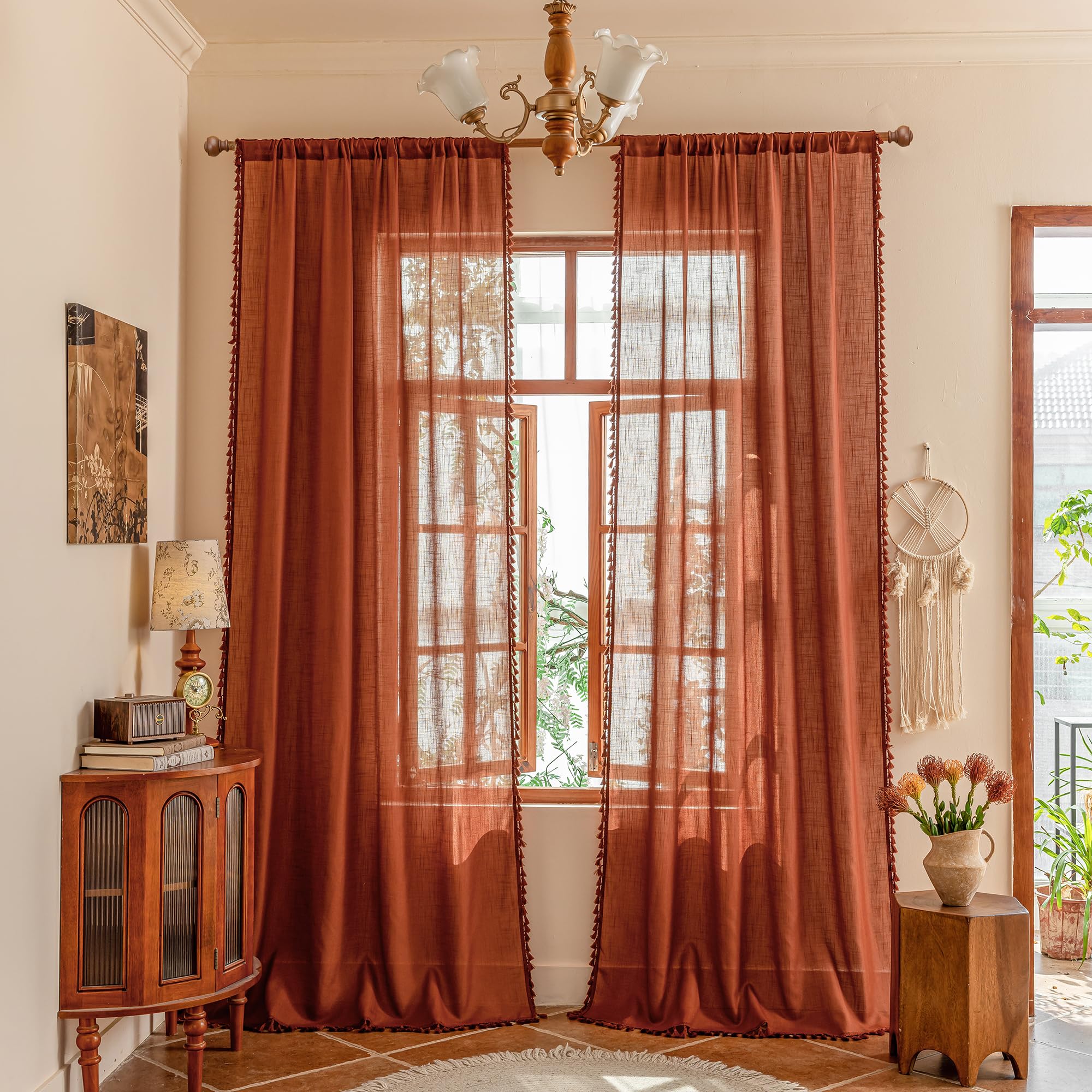 MYSKY HOME Country Curtains for Sliding Glass Door, Back Tab Semi Sheer Curtain Panels Extra Long Floor Length Drapes Linen Texture Soft Touch, 50x108 Inch, Linen, Set of 2
