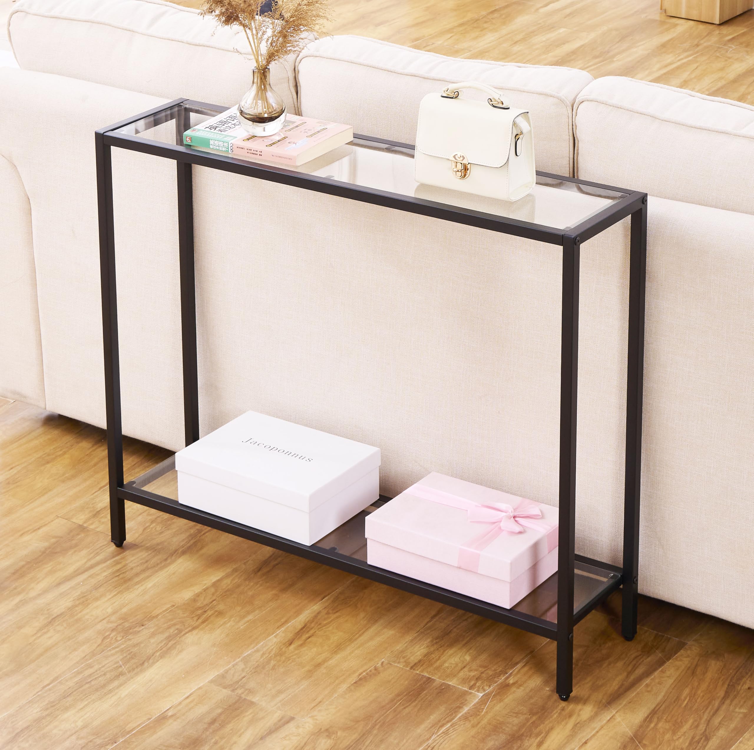 MAJARO Small Modern Console Table for Entryway, Tempered Glass with Metal Frame Sofa Table for Living Room, Hallway, Office (Single-Layer, Gold)